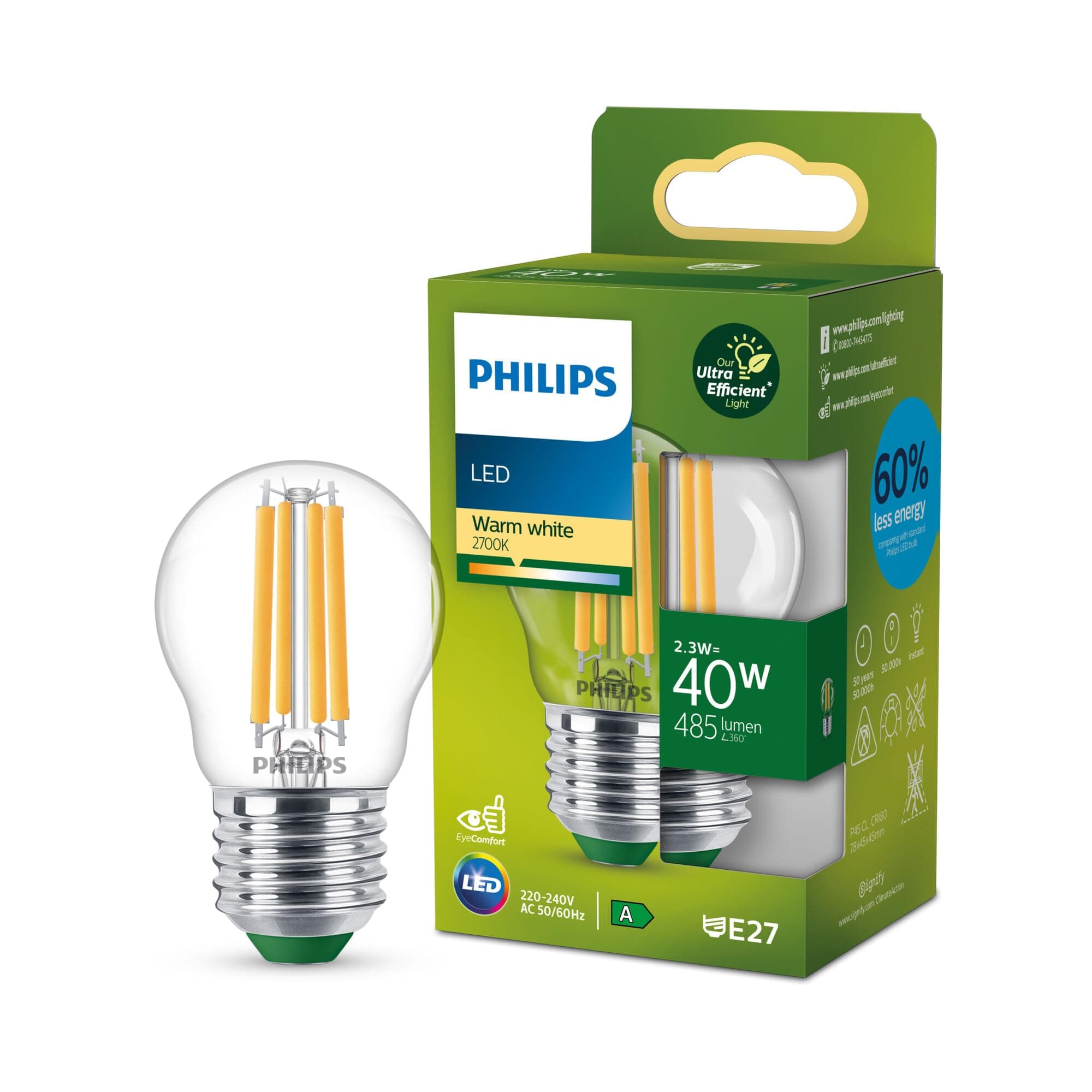 Ultra Efficient - Ultra Energy Saving Lights, LED Light Source, 40W, P45, E27, Warm White 2700 Kelvin, Clear