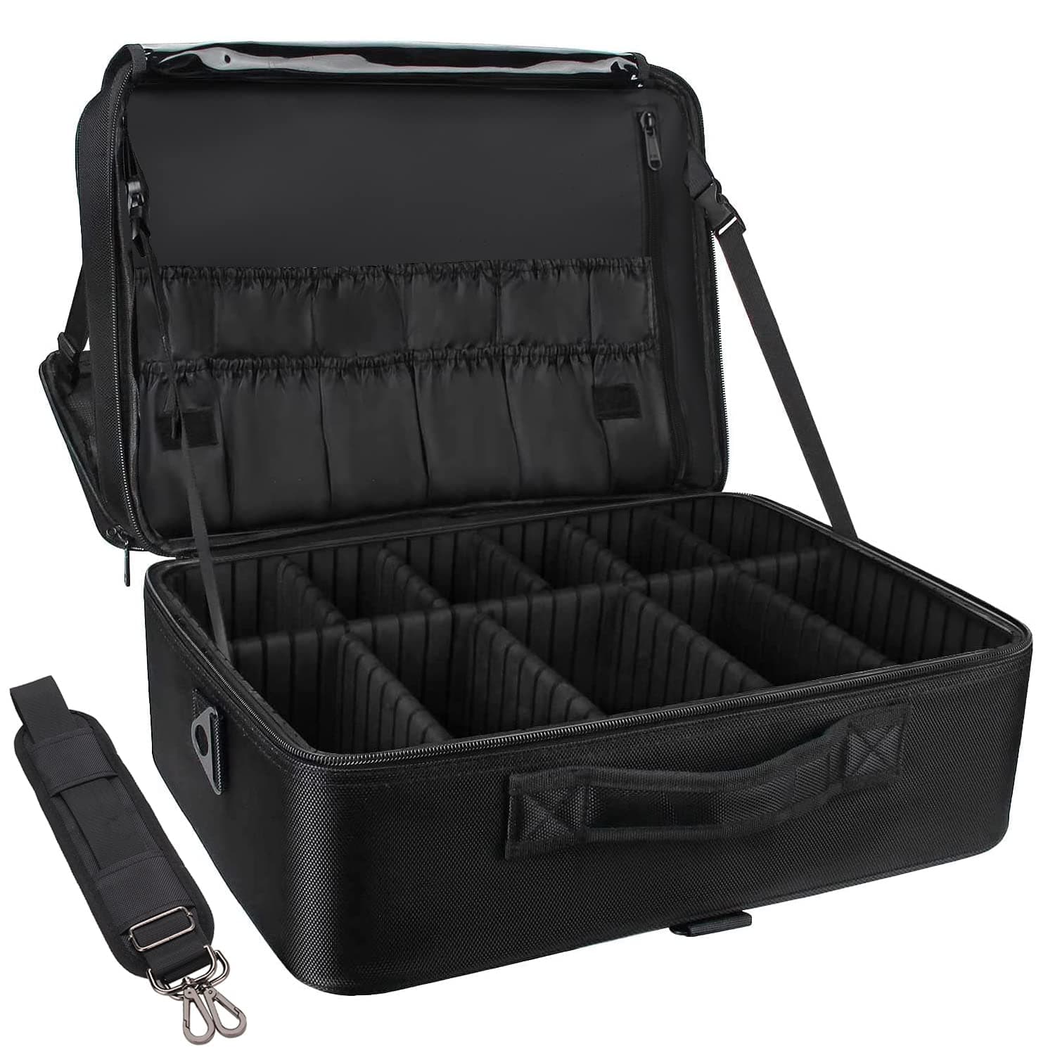 Extra Large Makeup Case Travel Makeup Train Case Professional Makeup Artist Bag Portable Nail Organizer Box Art Supply Case with Adjustable Dividers/Attach to Trolley/Shoulder Strap (Black)