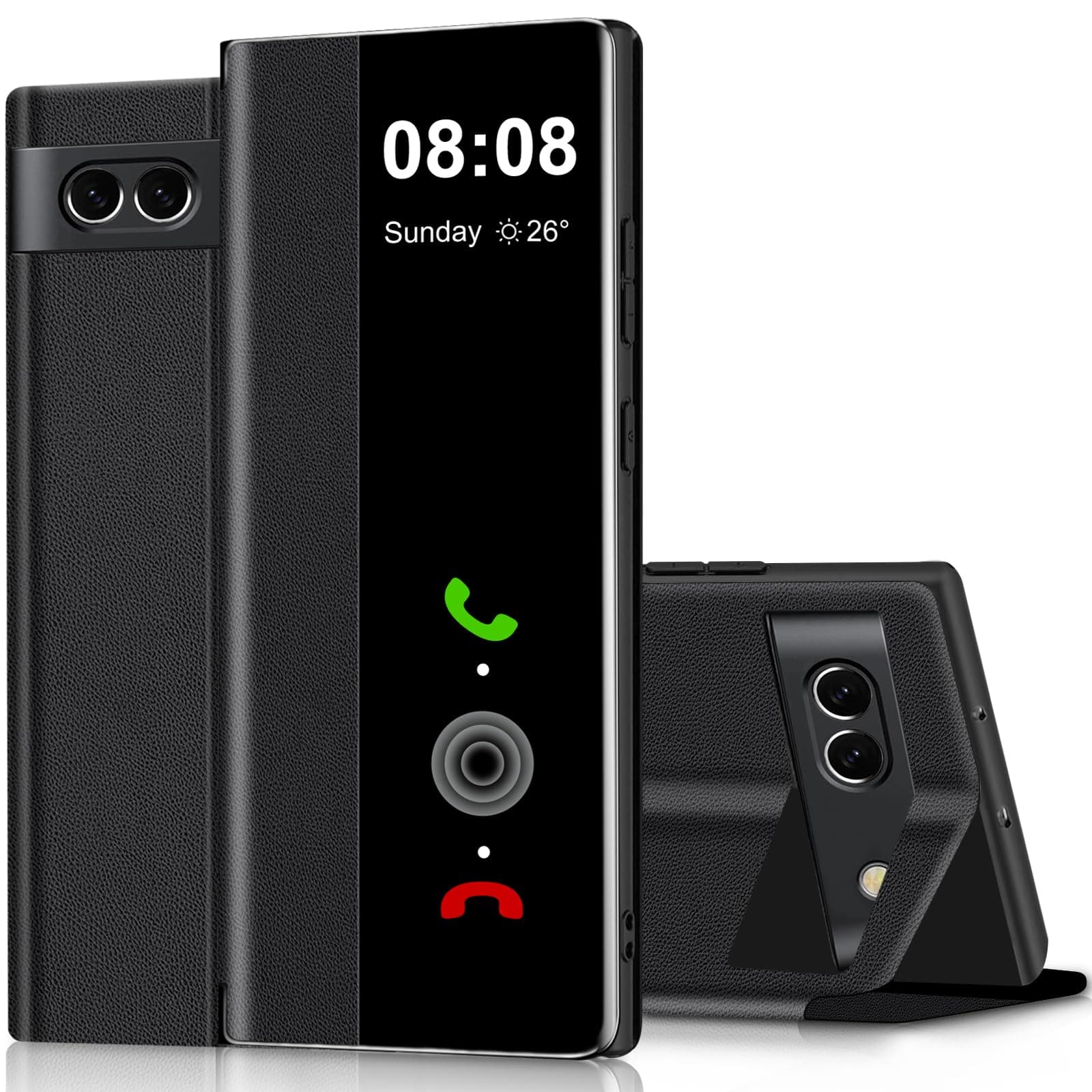 Flip Case for Google Pixel 7A Case S View, Clear View Folio PU Leather TPU inner Protective Phone Case, with Kickstand 360 Degrees Shockproof Anti-Scratch Flip Cover (Black)