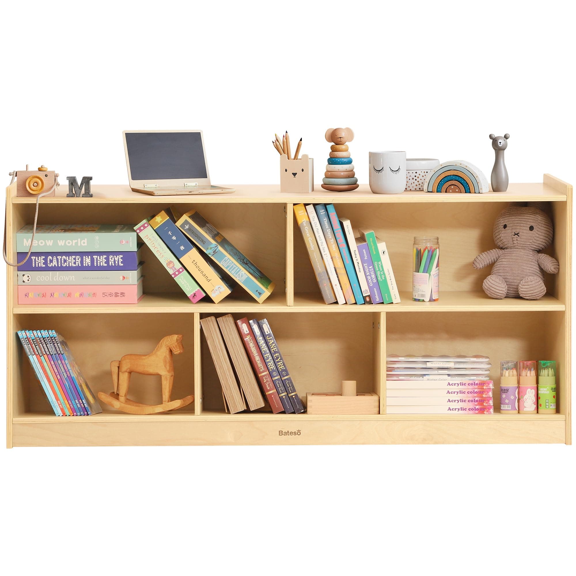 Toy Storage Organizer for Kids Room, Wooden Kids Bookshelf for Classroom, Cube Storage Organizer for Playroom, 5-Section Montessori Bookshelf & Toy Shelf for Nursery