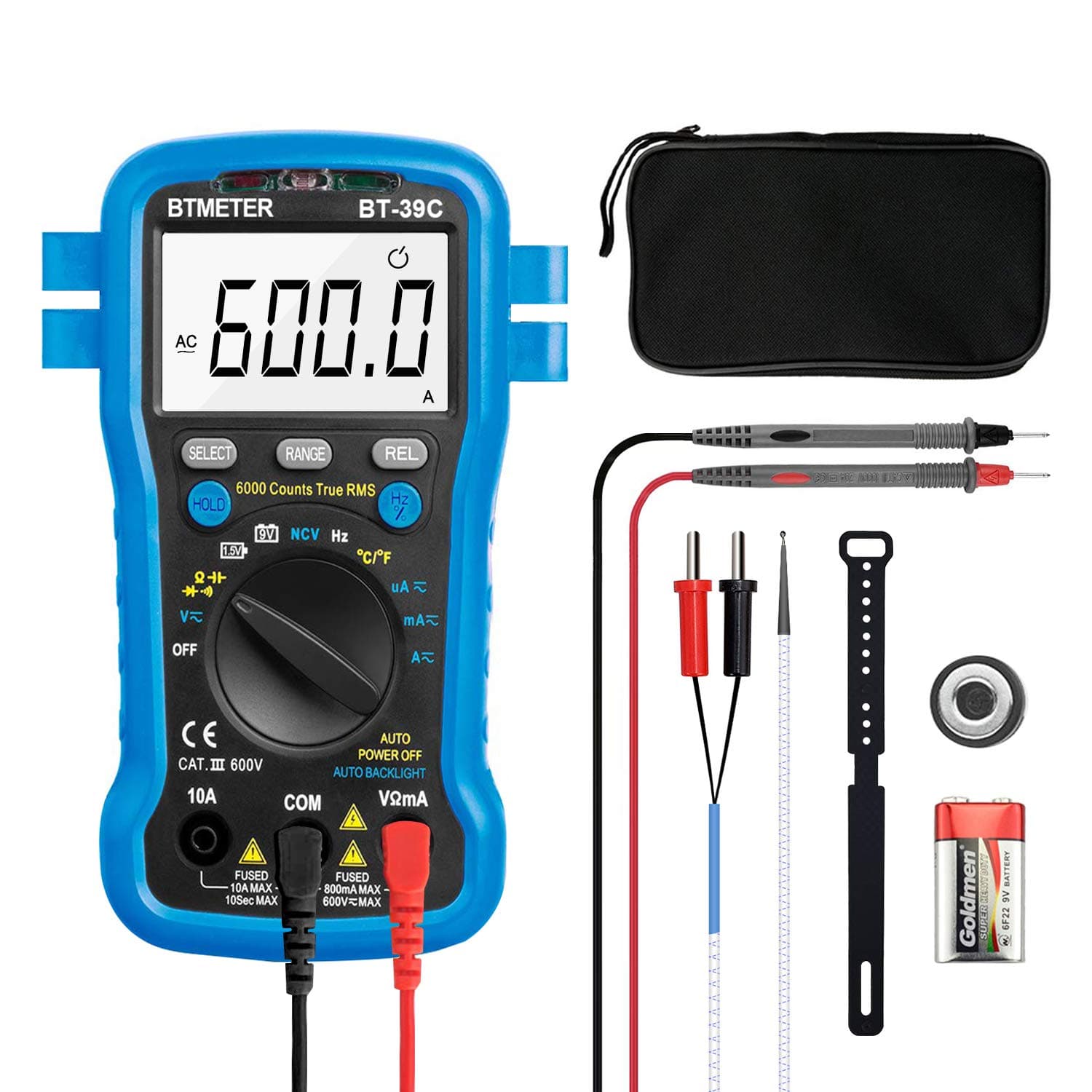 BTMETERBT-39C True RMS Multimeter, Auto Range Digital Avometer 6000 Counts Accurate Measures AC/DC Amps, Volts, Ohms, Capacitance,Frequency with Auto Backlight, NCV Temp Test