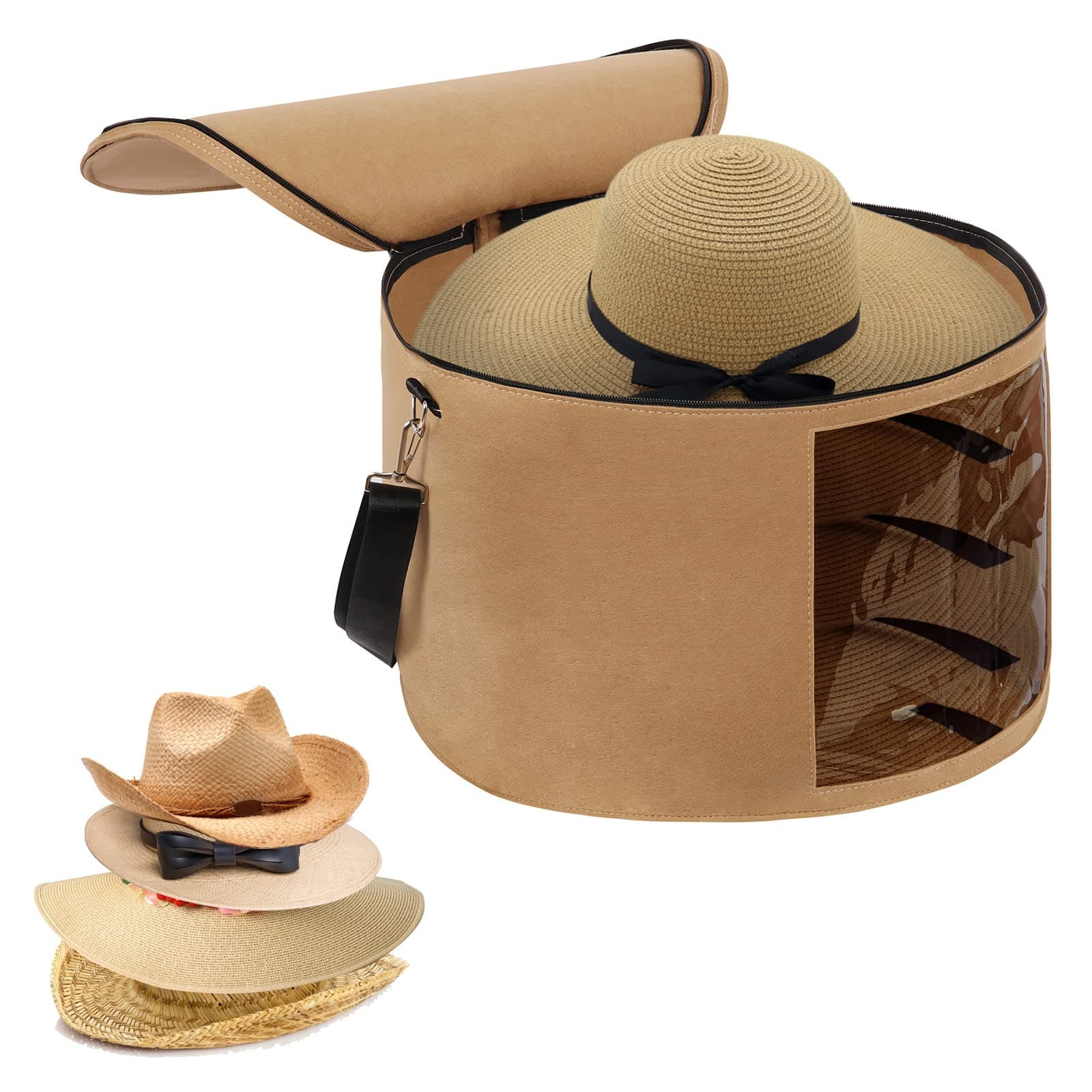 Pehciroe Large Hat Boxes with Lids, Foldable Felt Round Hat Storage Box Large Hat Box Travel with Handles and Shoulder Strap for Carrying & Storing Various Types of Hats, 17.7 x 11.8 Inch, Camel