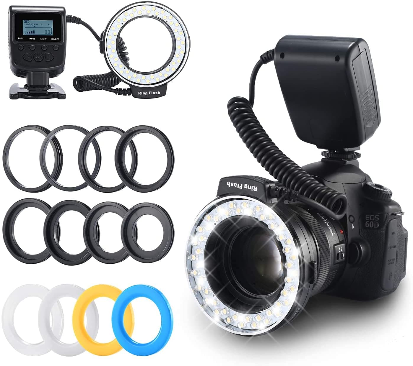 Emiral Ring Flash, 48 Macro LED Ring Flash Bundle with LCD Display Power Control, Adapter Rings and Flash Diffusers for Camera and Other DSLR Cameras