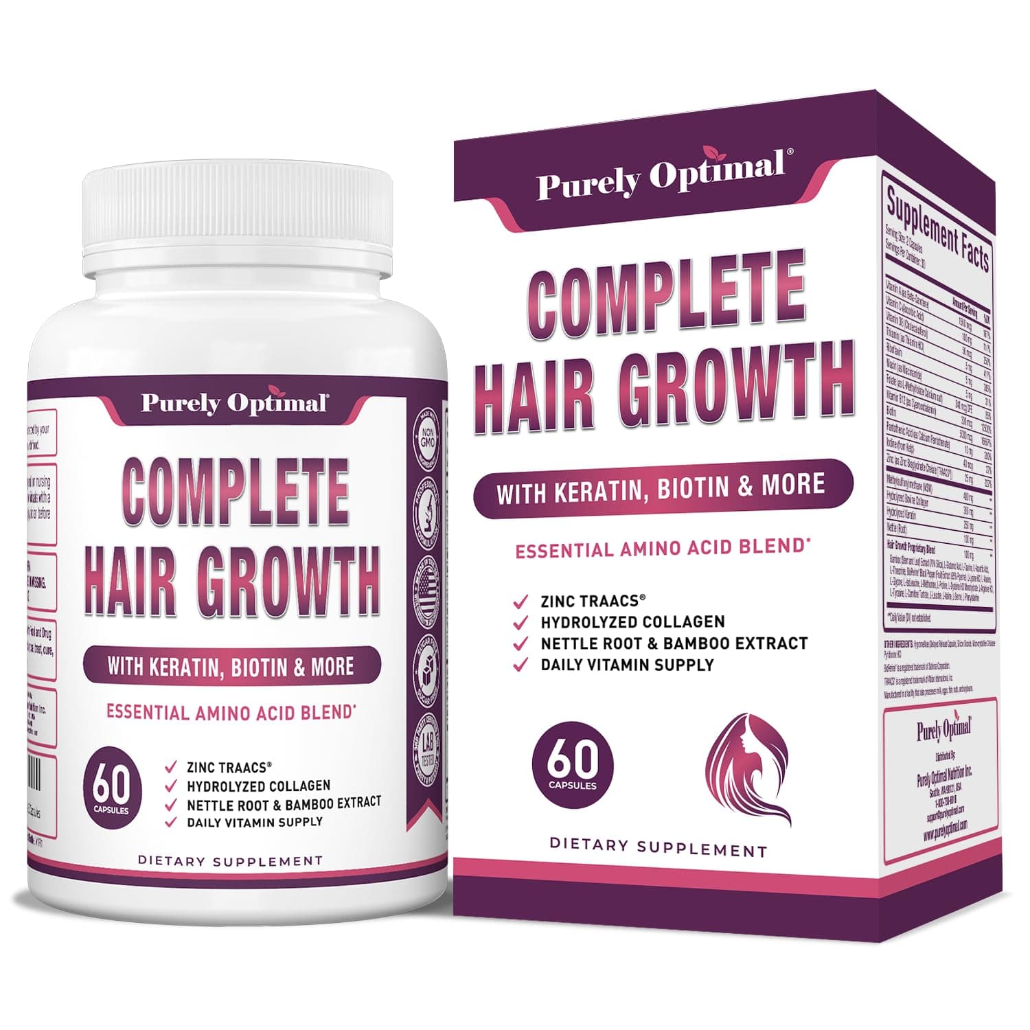 Hair Growth Vitamins – Supports Thicker, Stronger Hair Growth, Healthy Skin & Nails – Biotin, Collagen, Keratin – Easy-to-Take, Unflavored, 60 Capsules