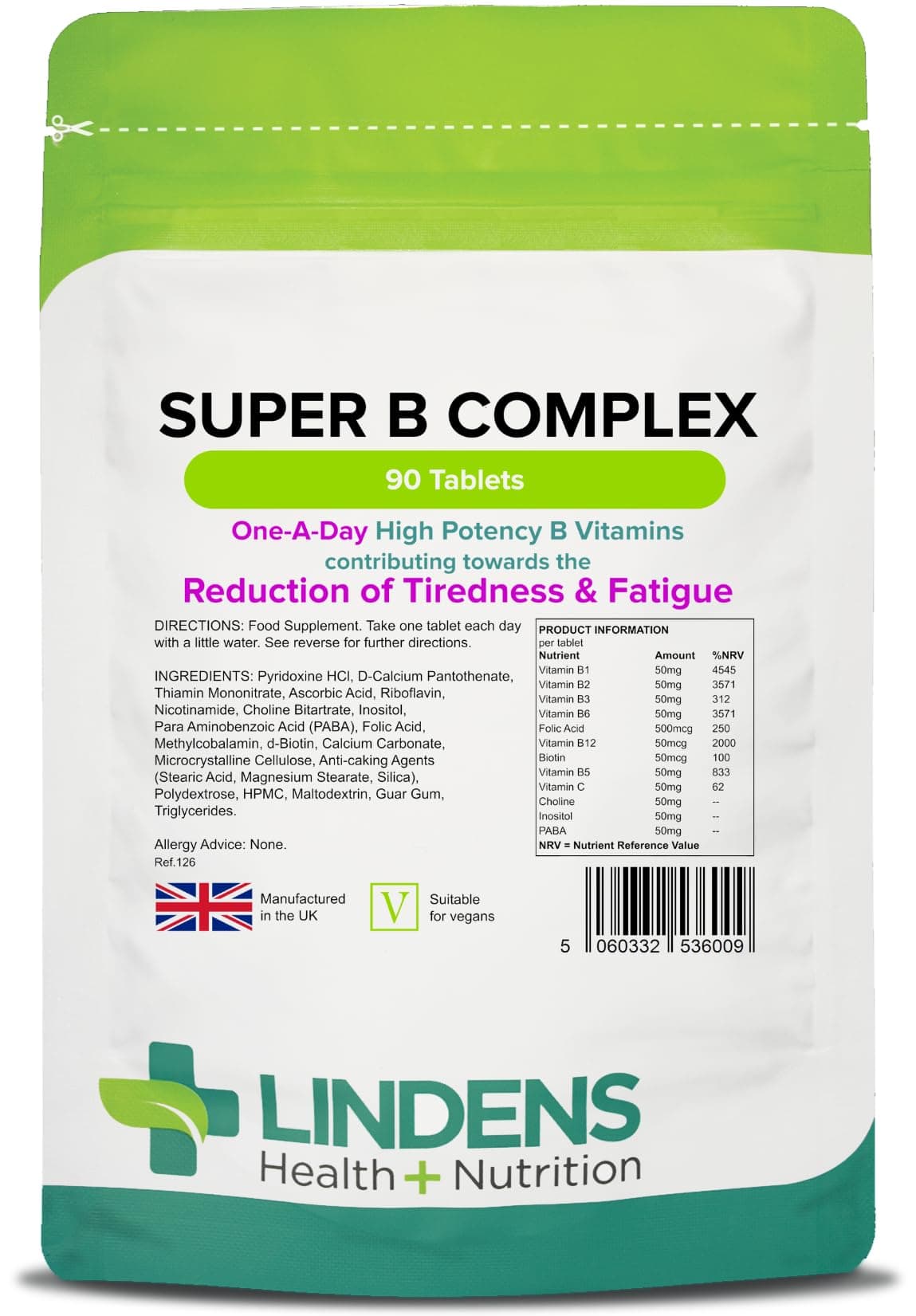 Lindens - Super B Complex Tablets - 90 Pack - UK Made - 3 Months Supply with a Full Spectrum of B Vitamins and Vitamin C - Reduces Tiredness and Fatigue - Letterbox Friendly, Vegan