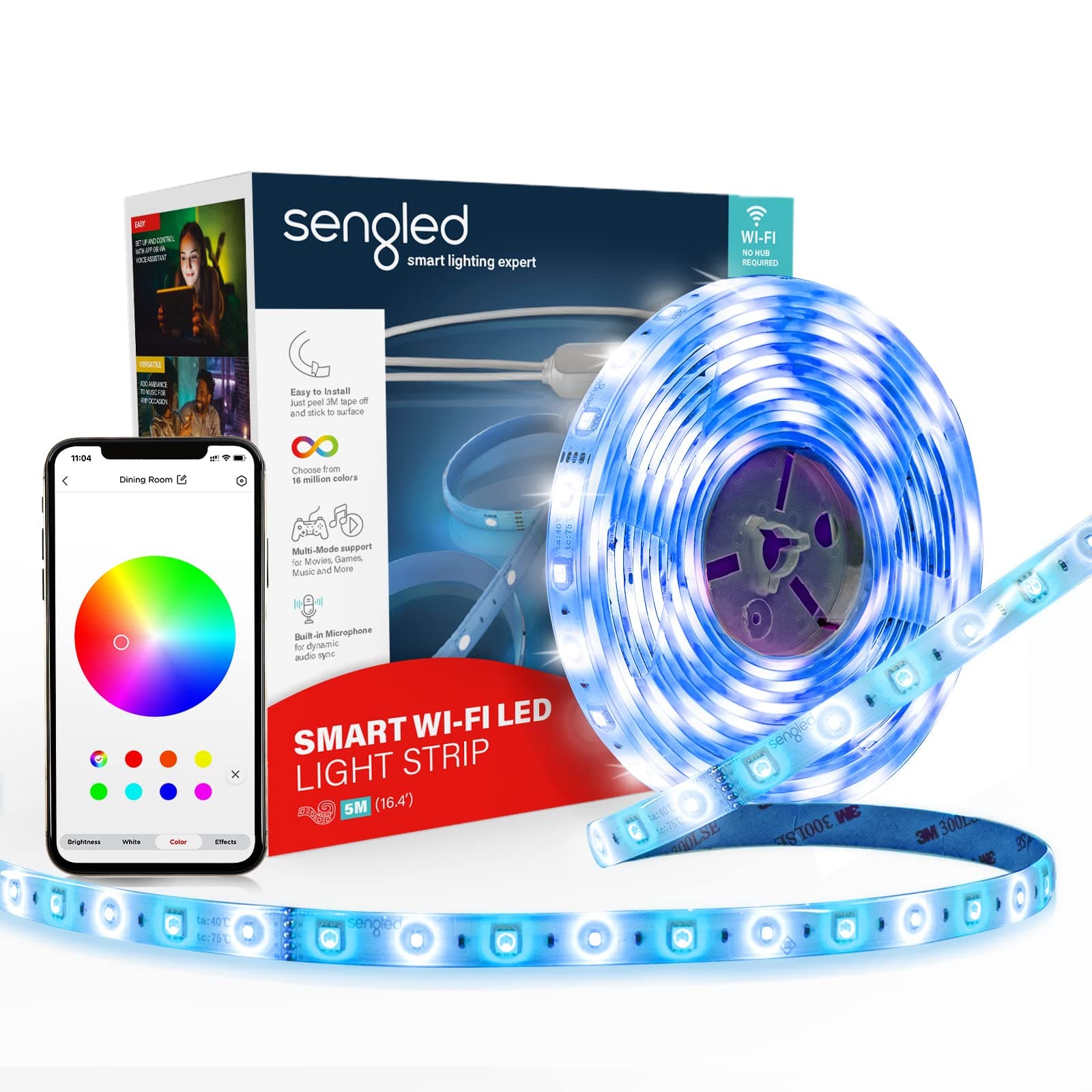 Sengled Smart LED Strip Lights, 16.4ft Wi-Fi LED Lights Work with Google Home, 16 Million Colors, RGB, Music Sync, Adjustable Length, 25,000 Hours Life, Multi-Mode Support for Game, Movie