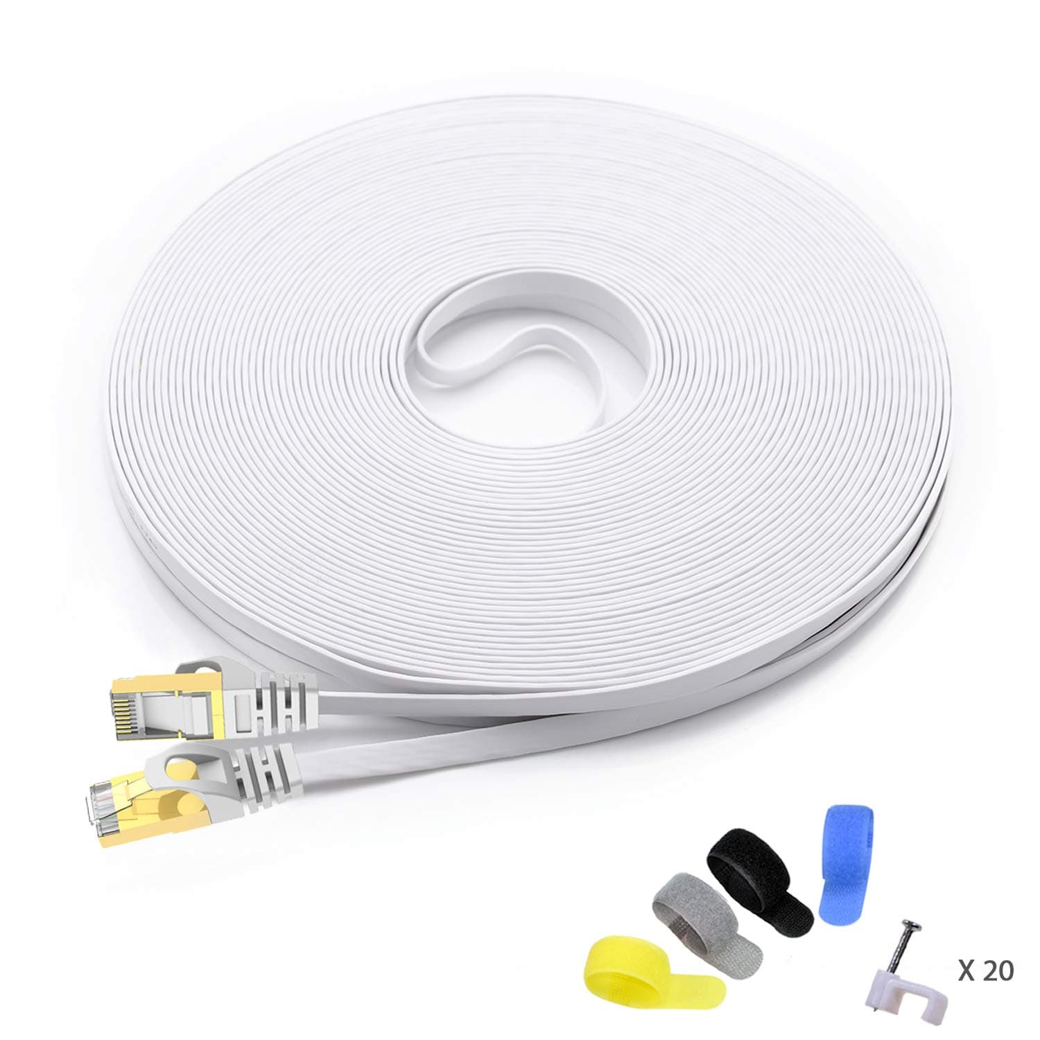 CableGeekerCat7 Shielded Ethernet Cable 100ft (Highest Speed Cable) Flat Ethernet Patch Cable Support Cat5/Cat6 Network600Mhz10Gbps - White Computer Cord + Free Clips and Straps for Router Xbox