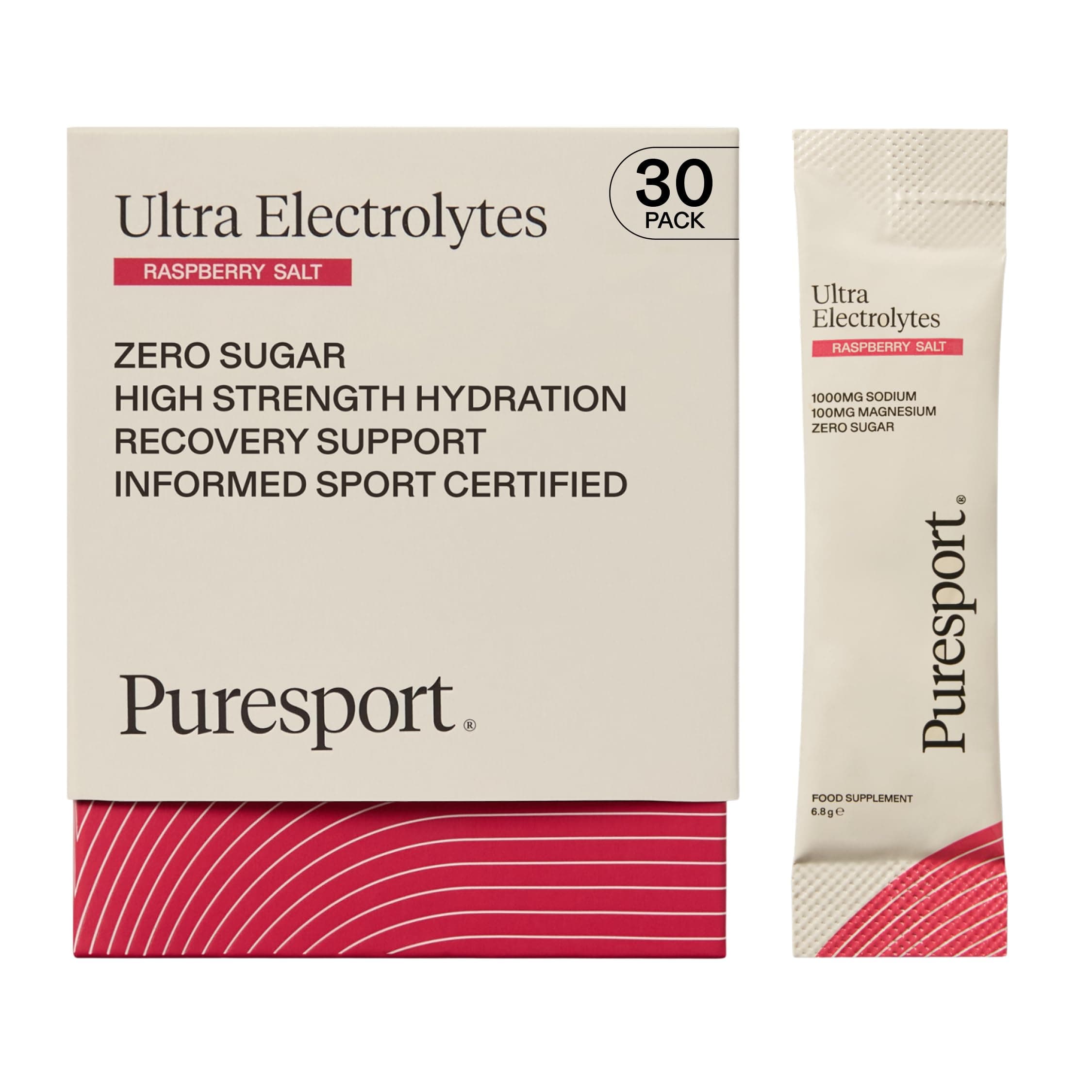 Puresport Ultra Electrolytes Hydration Raspberry Salt Sachets (30 Pack), High Performance Sugar Free Electrolytes Powder, 1000mg Sodium, Optimise Hydration & Support Muscles, Travel-Friendly Format