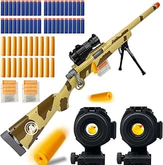 - M24 Foam Blaster, Shell Ejecting, Safety Switch, Adjustable Stock 41.8 Inch, Scope, 40 Darts, 20 Casings, 2 Mags, Tactical Game Gear for Teens 14+ years Adults(Camouflage Yellow)