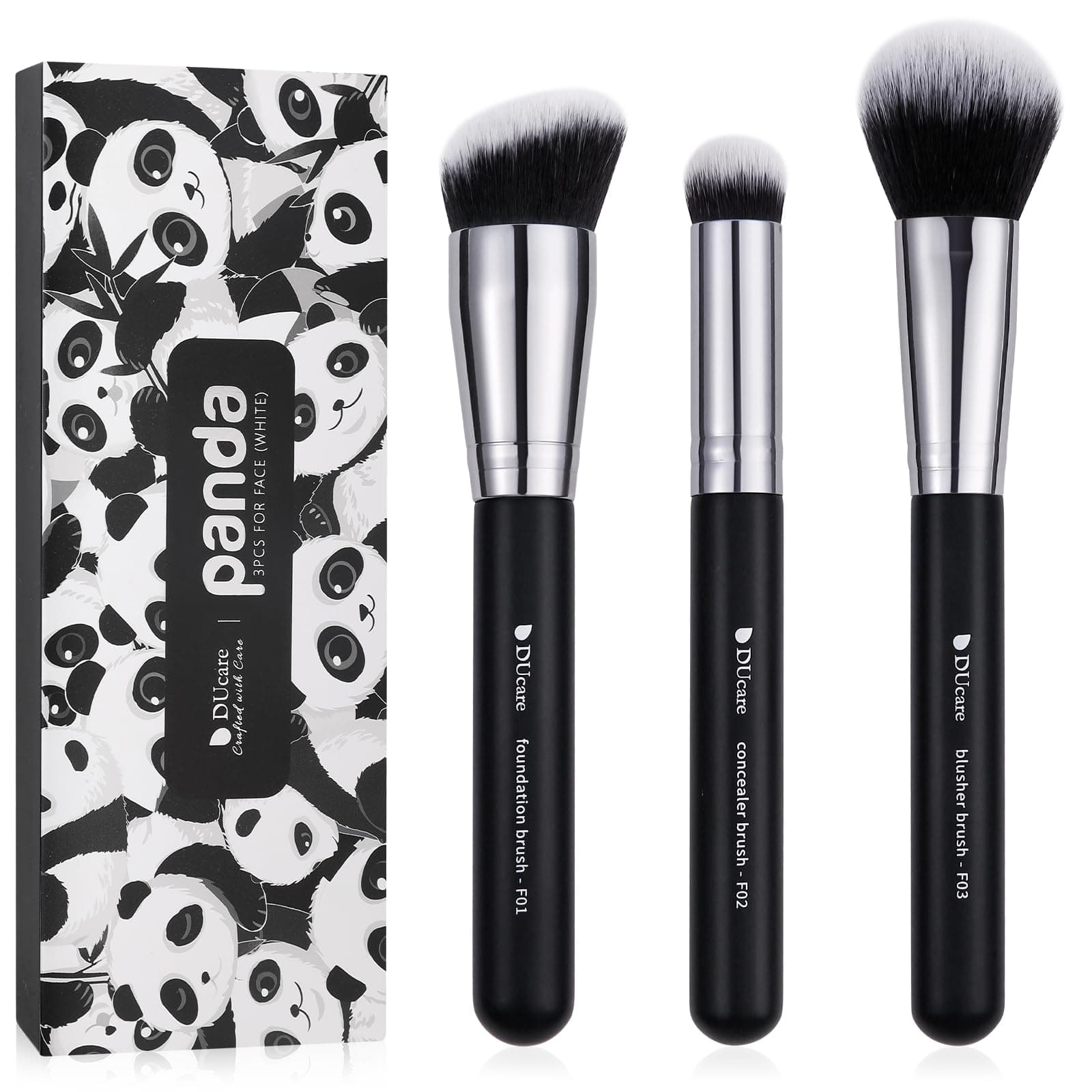 3PCS Face Base Makeup Brush Kit - For Foundation, Concealer, Blusher Powder, Works With Liquid, Cream & Powder Products, 100% Vegan Soft Dense Bristles, Travel Essential Makeup Brushes (Black)