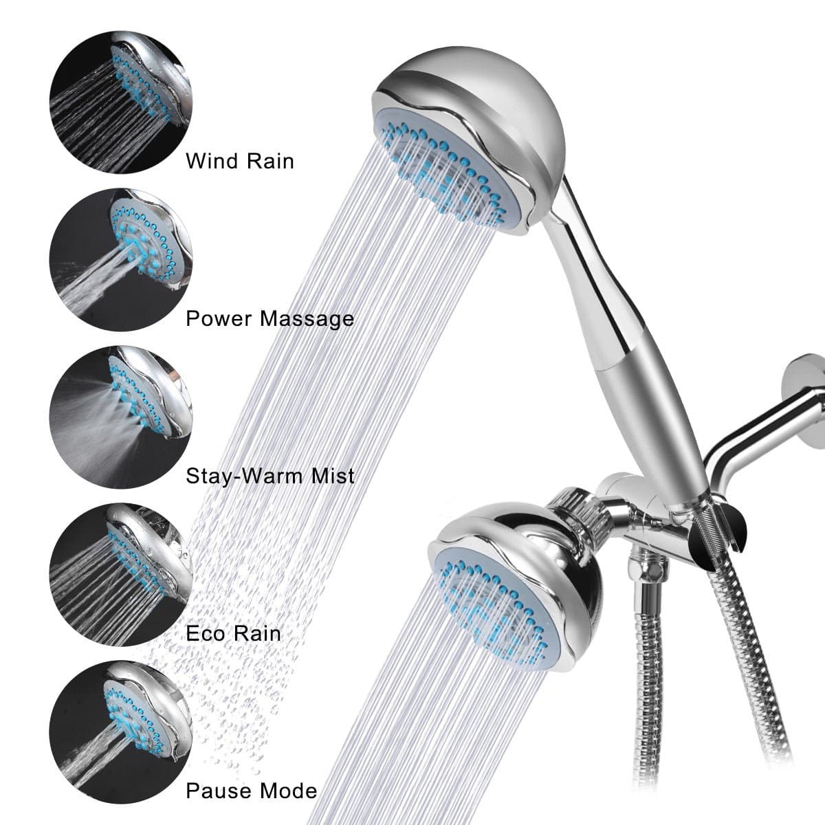 Two Head Shower-Head, Kictic Full-Chrome 24 Function Ultra-Luxury 3-way 2 in 1 Shower-Head /Handheld-Shower Combo, 5 Settings Included