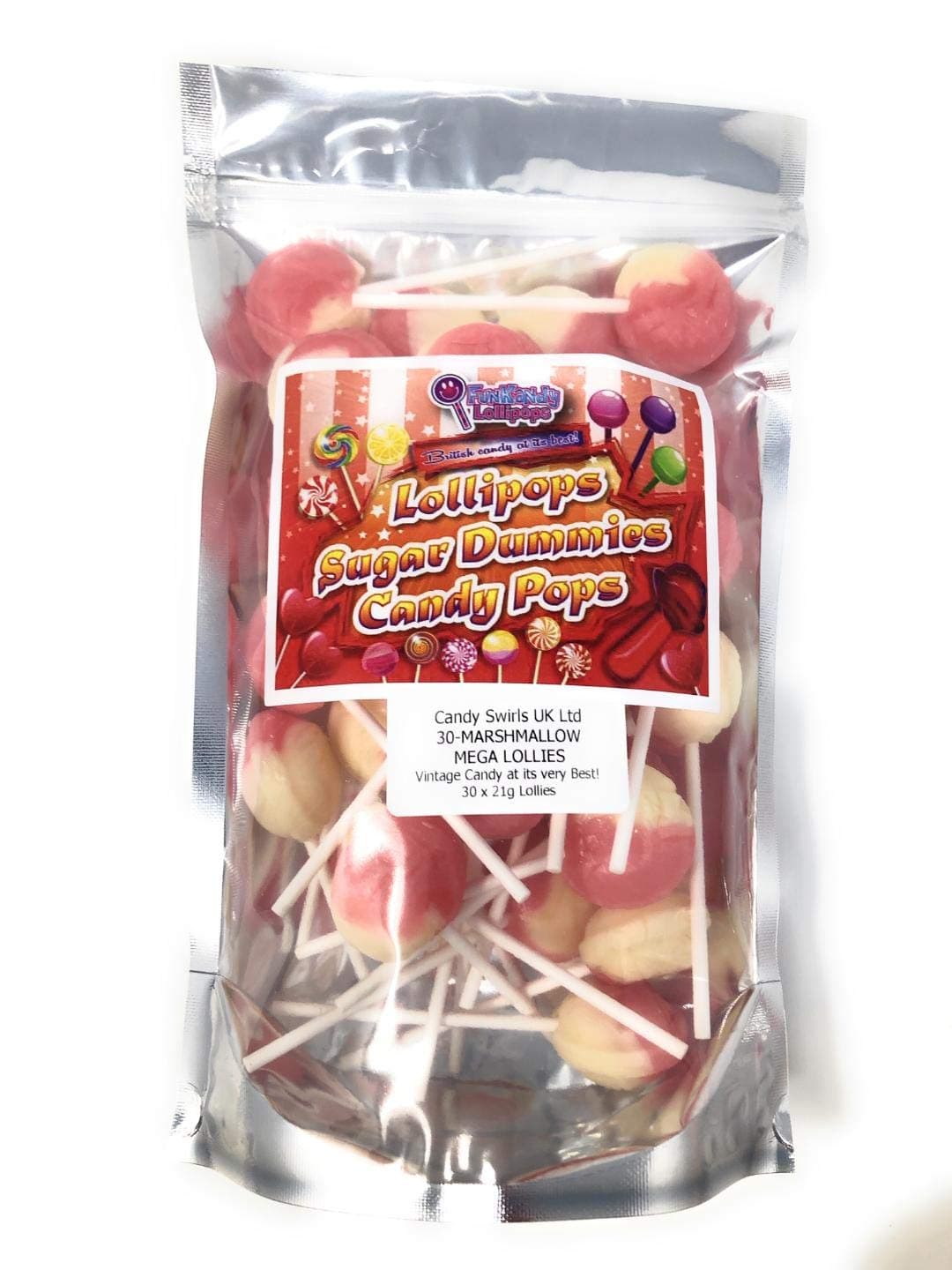 Code 0946_M30 Fun Kandy's Marshmallow Mega Lollipops Pouch Pack of 15 (Marshmallow, 30)