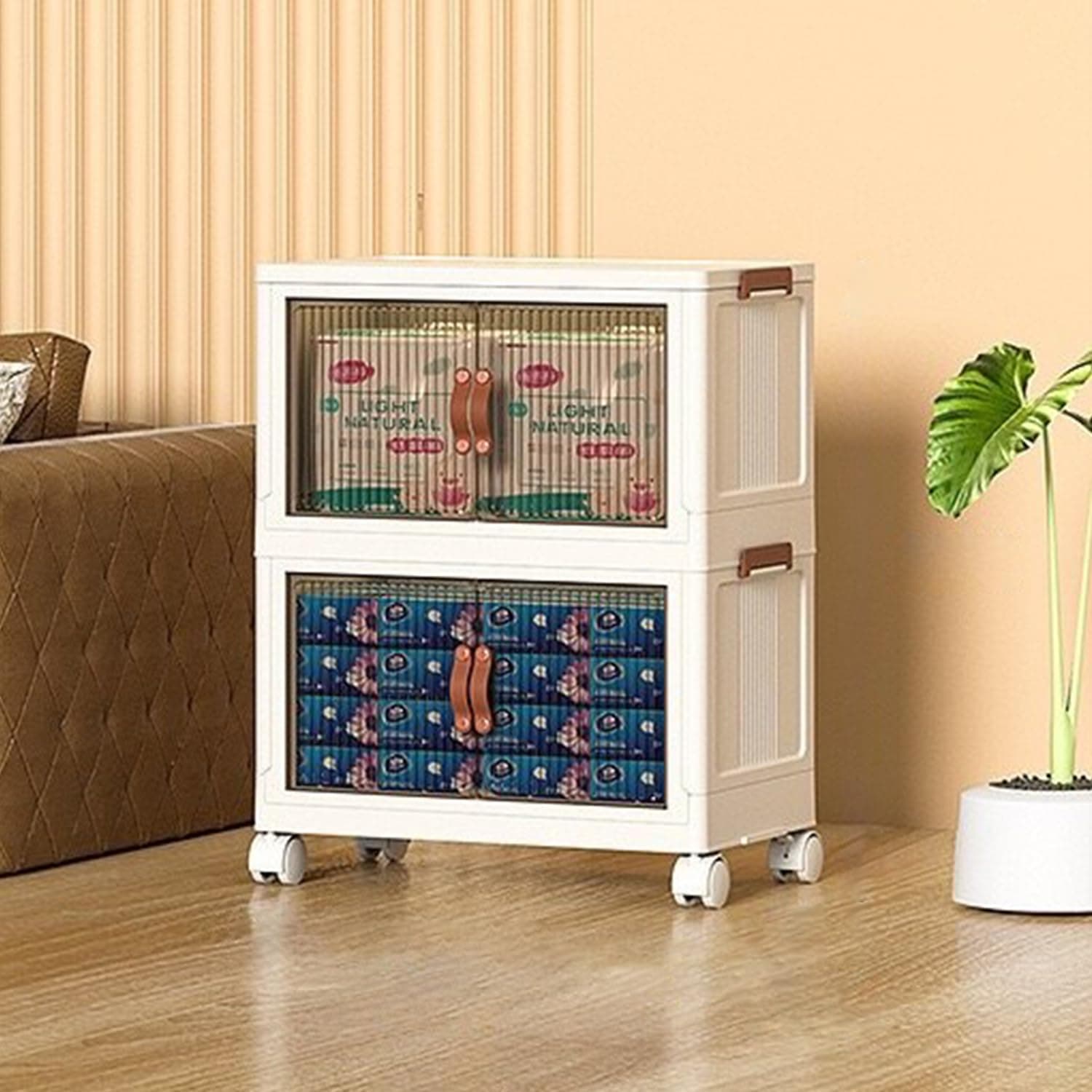 BEROZAFoldable Storage Box, Magnetic Double Opening Storage Organizer, Stackable Storage Box with Lid and Rollers for Snacks, Books, Toys and Clothes (2 PCS)