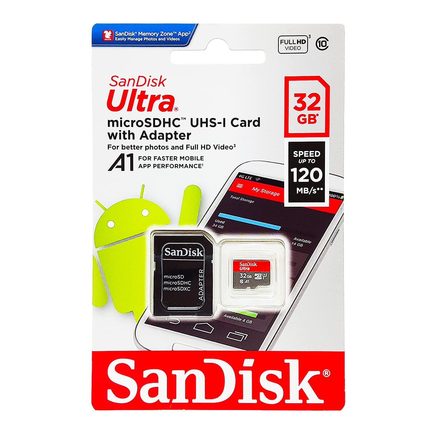 SanDisk 32GB Class 10 Micro SDHC Memory Card with Adapter (SDSQUAR-032G-GN6MA)