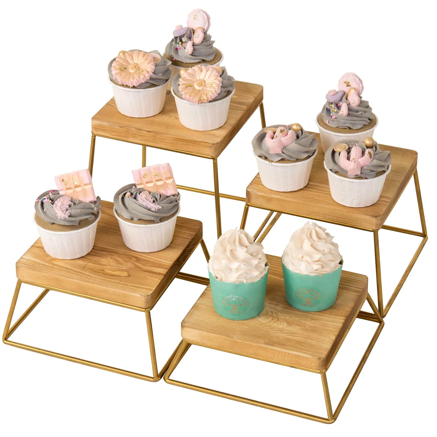 MyGift Gold Food Risers for Display Party, 4-Piece Wood Square Buffet Dessert Stands, Tiered Wooden Riser Set for Pizza, Cupcakes, Ornaments, Perfume or Retail Display