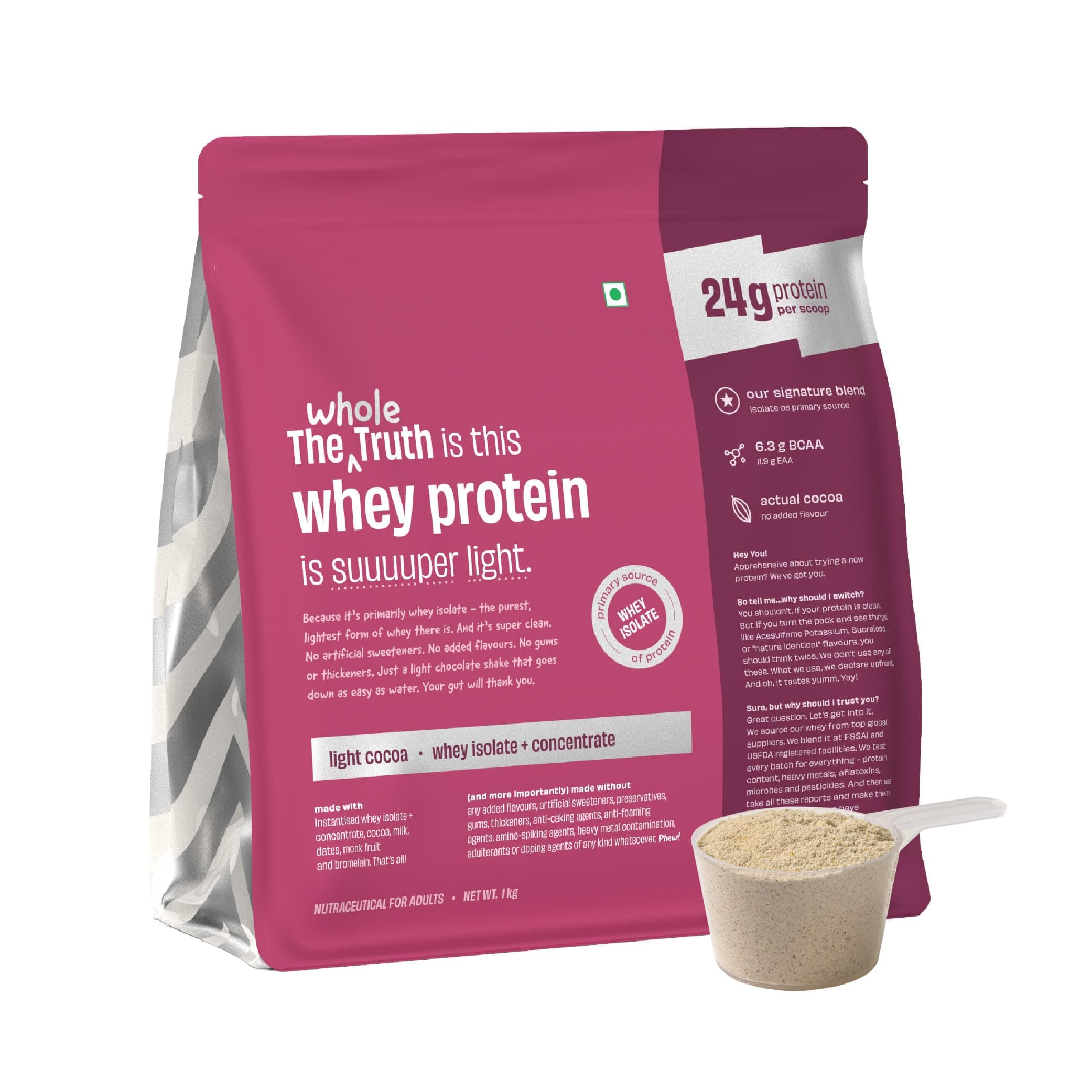 Whey Protein Isolate+Concentrate | Light Cocoa 1 kg (2.2 lbs) | 24g Protein/Scoop | 6.6g BCAA | 100% Authentic Whey & No Adulteration | Clean, Light & Easy to Digest | Vegetarian
