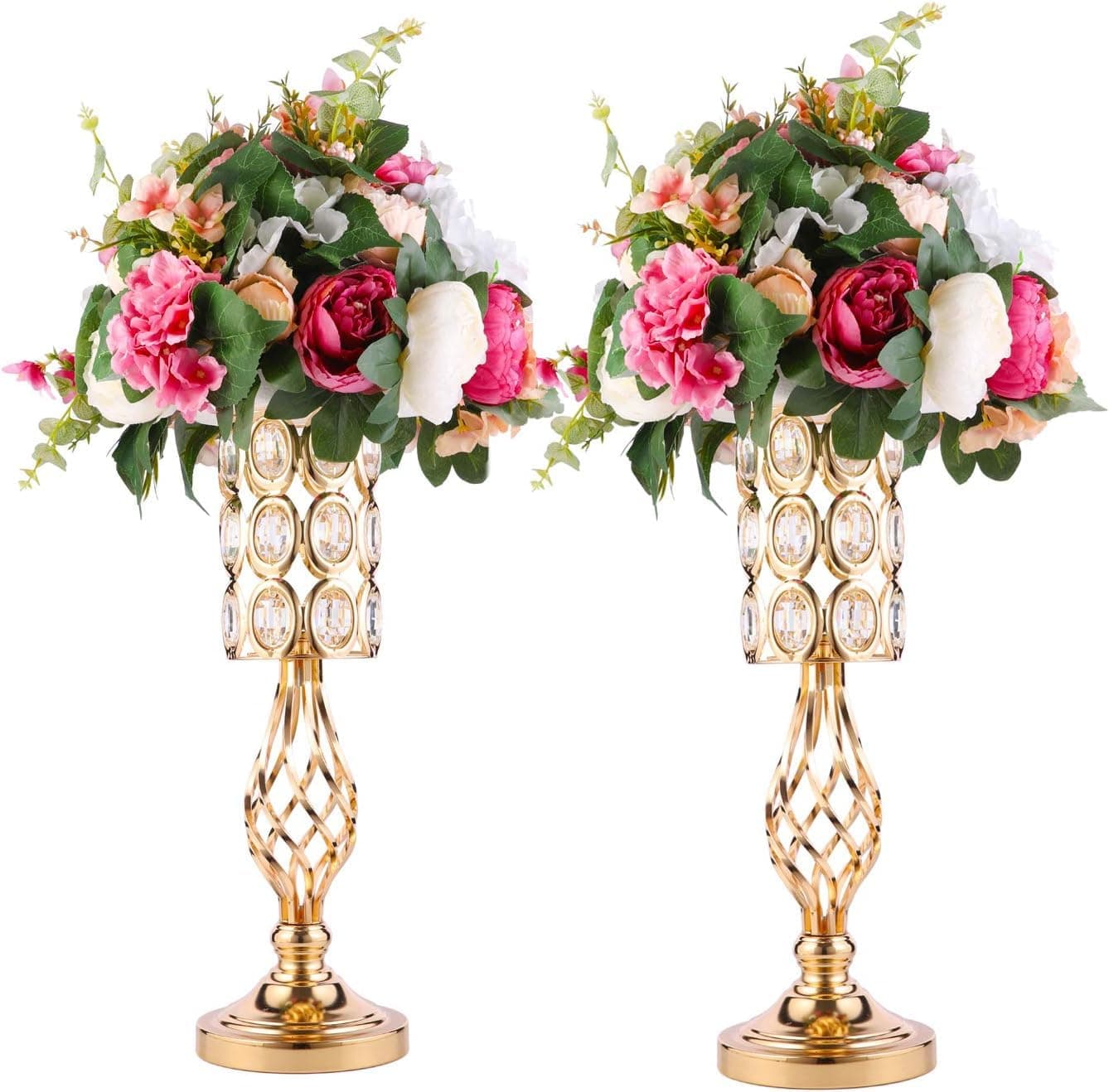 2pcs Gold Flower Trumpet Vases for Wedding Centerpieces for Tables, 20in Metal Diamond Crystal Flower Stand for Wedding Decorations for Reception Party Dining Room Living Room Decor