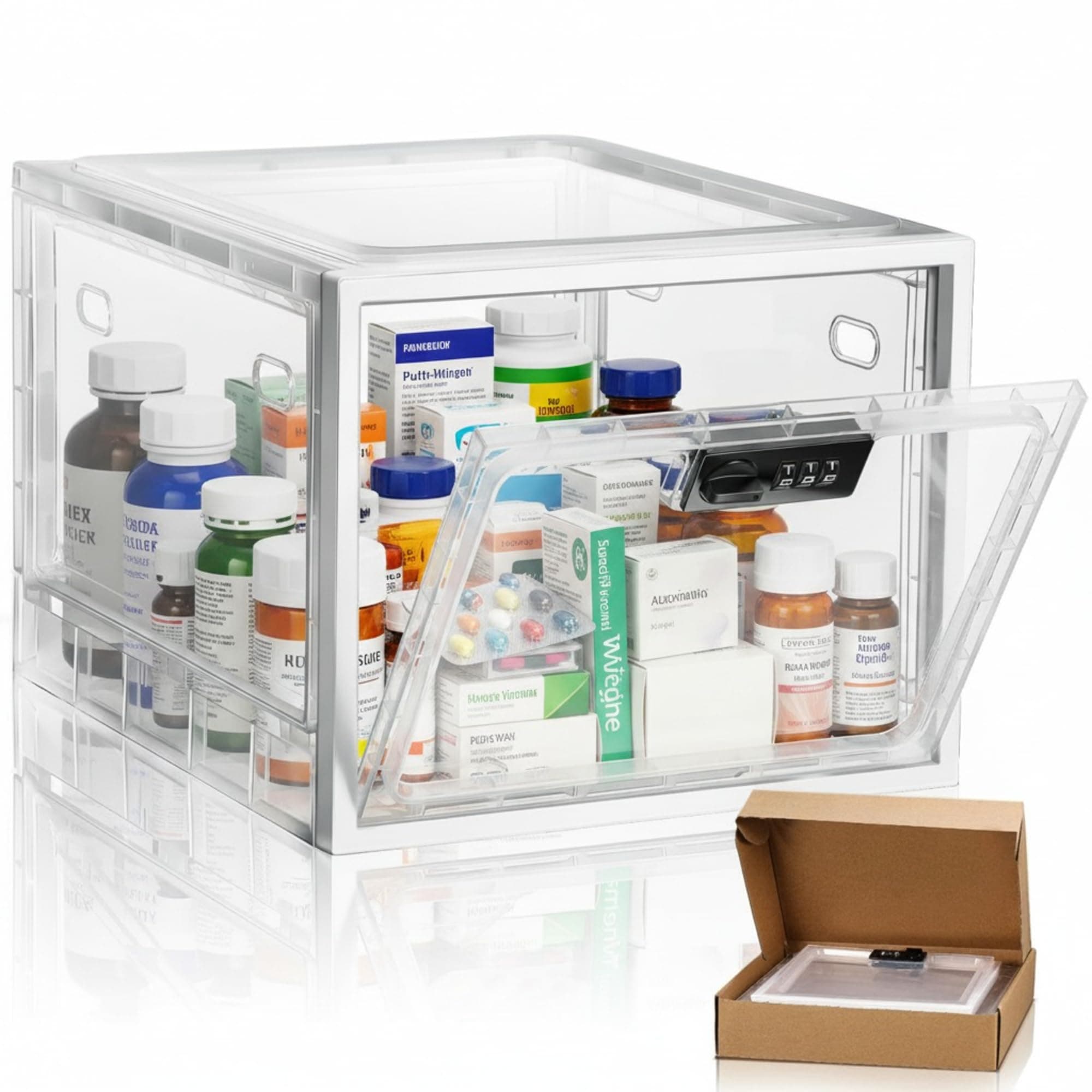 Yalikop 1 Pcs Large Medicine Storage Box Lockable Clear Storage Bin for Safe Medication, Snack Food and Home Safety (White)