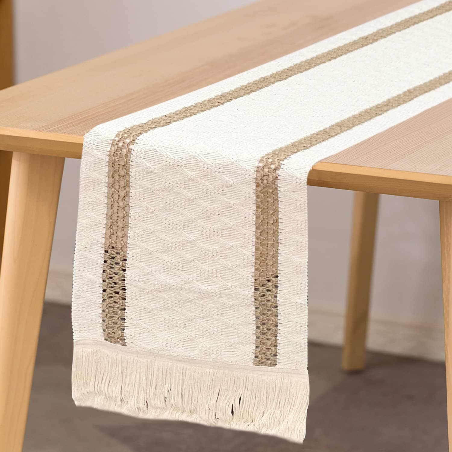 Table Runner, Boho Cotton Linen Table Runner with Handmade Tassels, Natural Burlap Vintage Table Cloth for Wedding Rustic Home Farmhouse Modern Tabletop Decor, 12 x 70 inch (beige C)