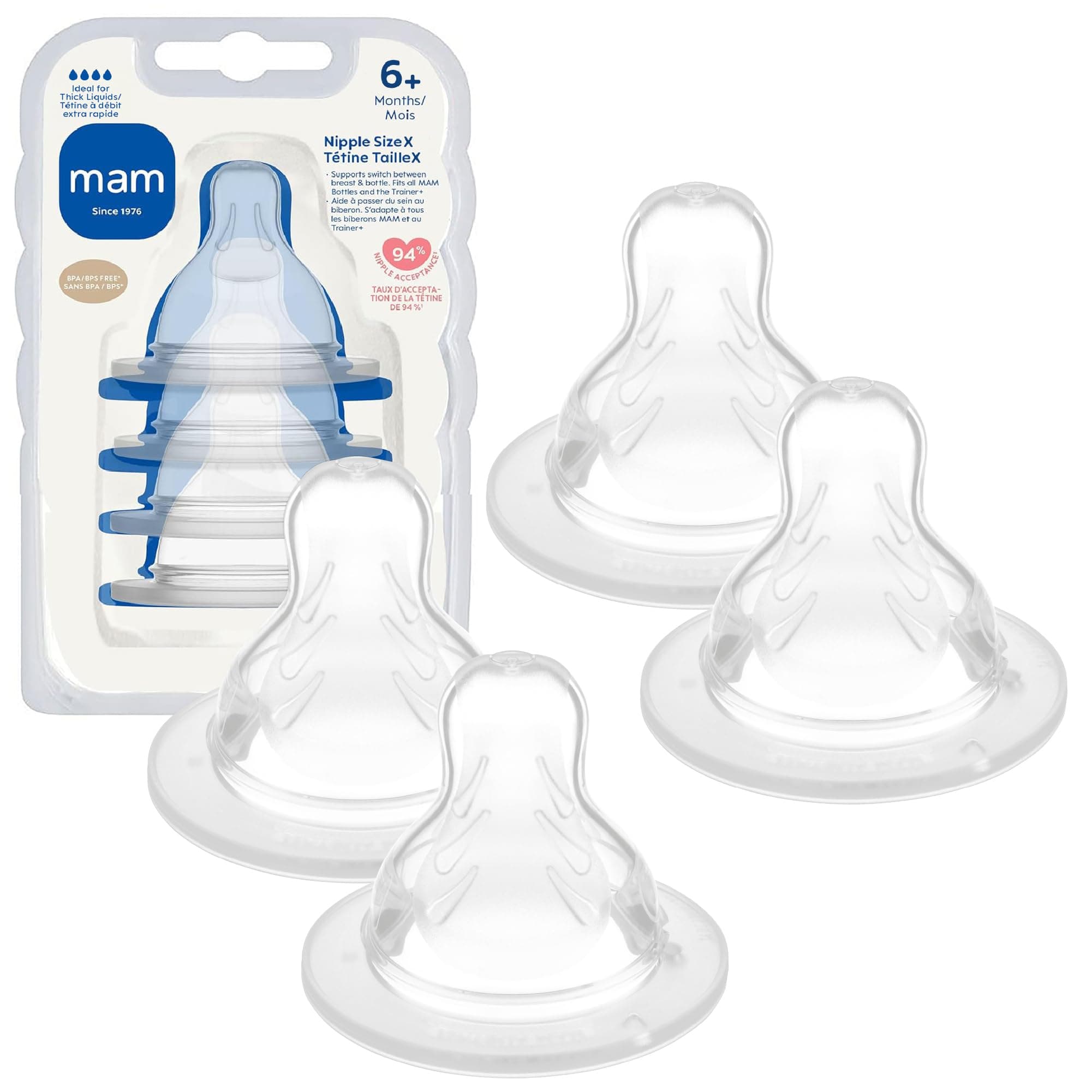 MAM Baby Bottle Nipples Extra Fast Flow Size X, for 6+ Month Babies, Skin Soft BPA Free Silicone, 94% Nipple Acceptance, Fits All MAM Bottles, Developed with Medical Experts, 4 Pack, Made in Europe
