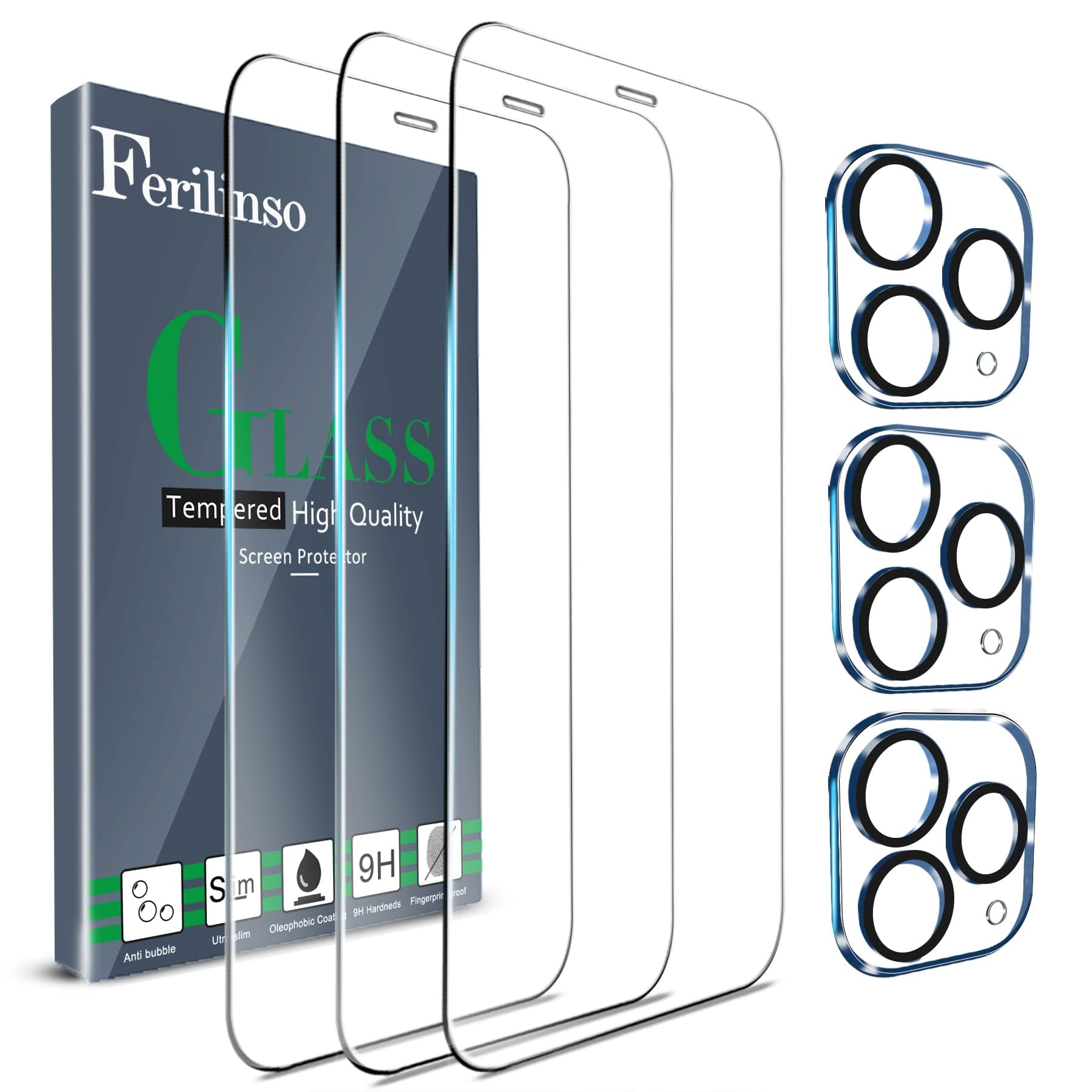 Ferilinso 3 Pack Screen Protector for iPhone 11 Pro Max with 3 Pack Tempered Glass Camera Lens Protector Phone Case Friendly Ultra Accessories Protector de Pantalla for Apple iPhone 11 Pro Max