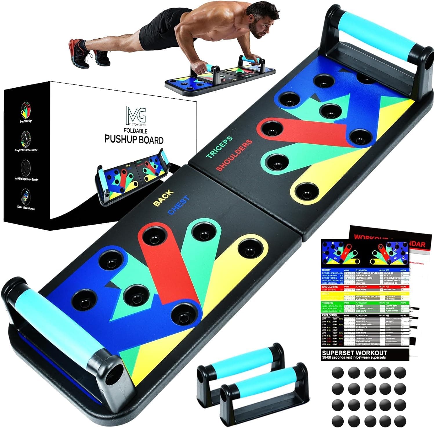 MG Push Up Board for Men & Women, Multi-Function Foldable Press Board, Muscle max Push Up Handles, Fitness Strength & Exercise Training Equipment for Home Workout with 2 BONUS Accessories (5x Resistance Bands & Jump Rope)