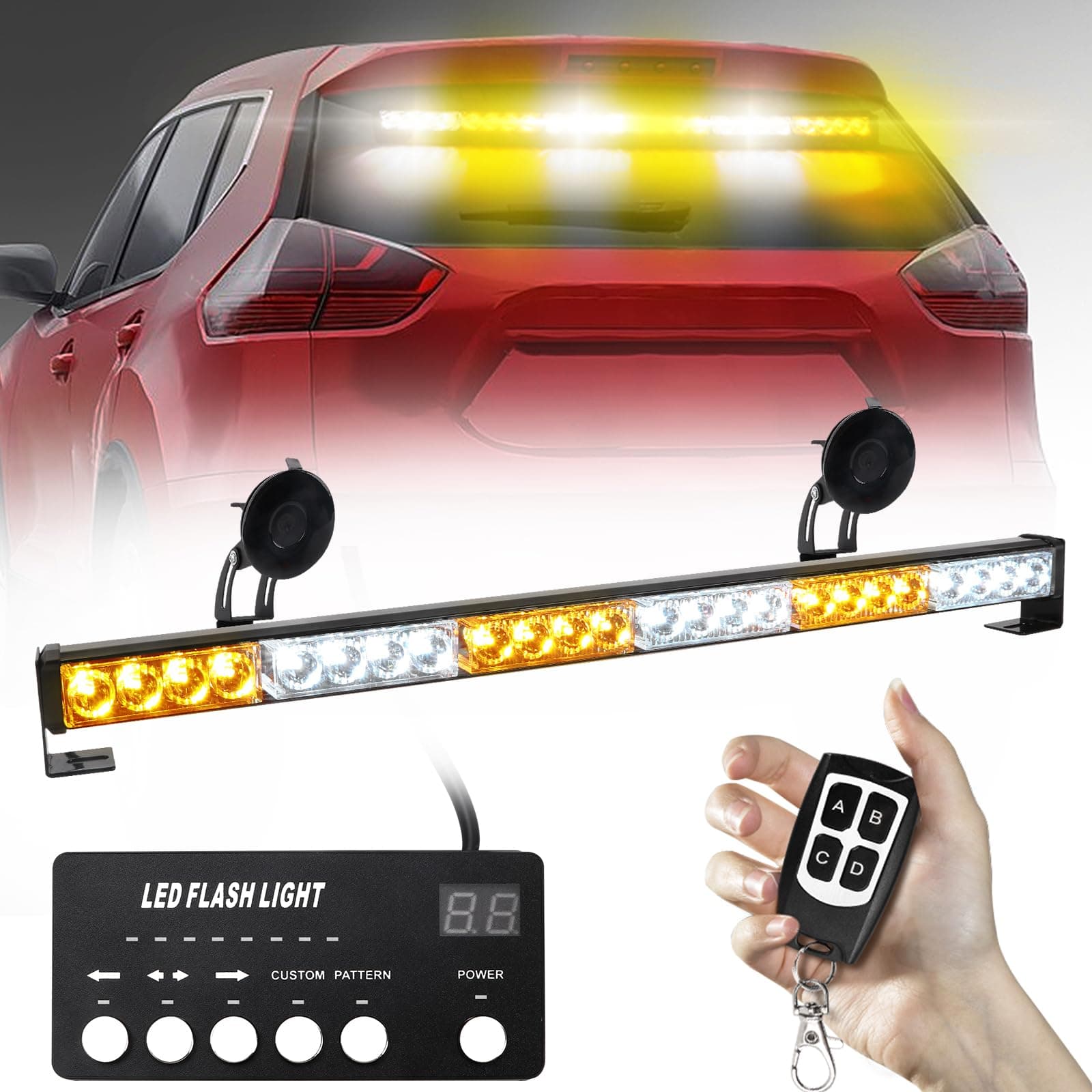 Traffic Advisor Strobe Lights Bar Emergency Warning Strobe Flash Visor Lights for Vehicles Trucks Suction Bracket 27 Inch 6 Panel Led Wireless Remote Control Amber and White