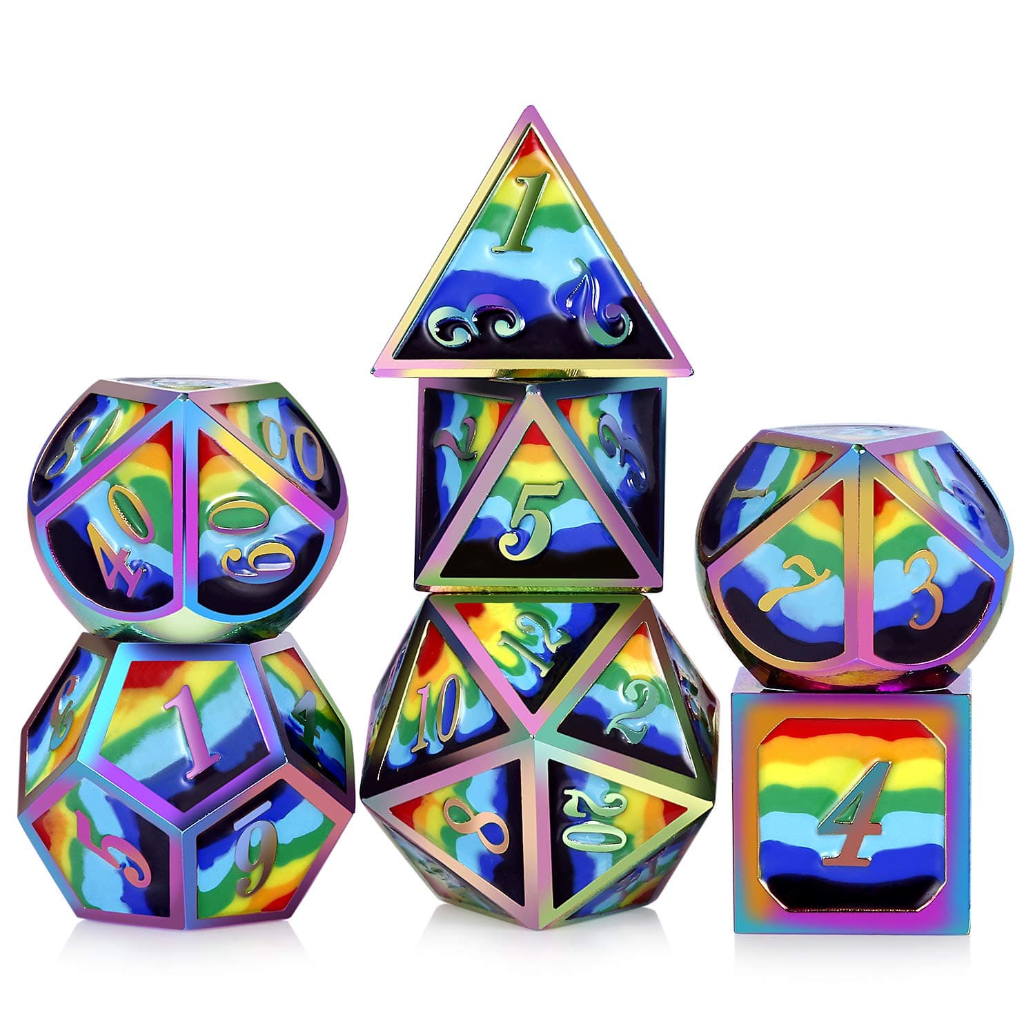 Rainbow Metal Dice Set,DNDND Solid 7 Die with Free Metal Tin for DND Dungeons and Dragons D&D Roleplaying Table Games (Rainbow Number with Rainbow Colors)