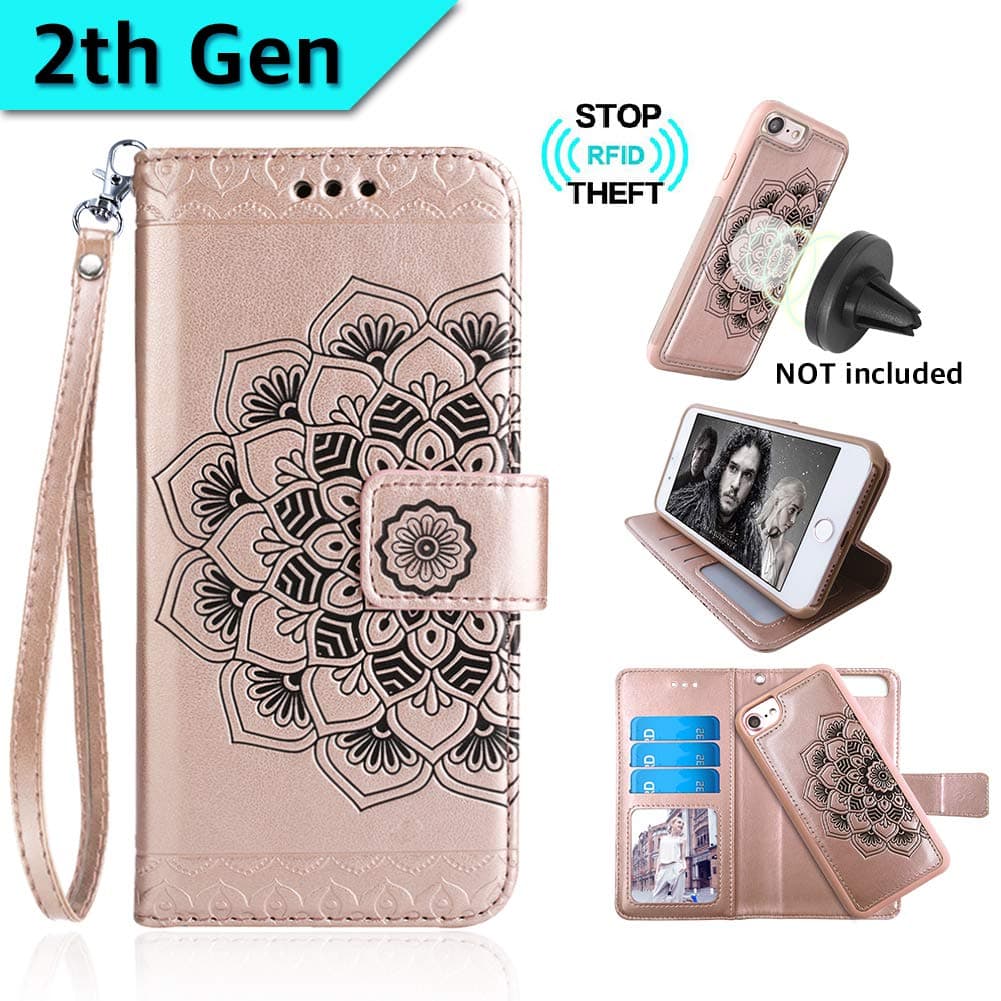 CASEOWL Mandala Embossed Upgrade Version Wallet Case for iPhone 8-Plus&7-Plus,Magnetic Detachable TPU Case,RFID Protection,2-Way Stands,Fit Car Mount,Card Slots Holder,Wrist Strap[Rose Gold][2th Gen]
