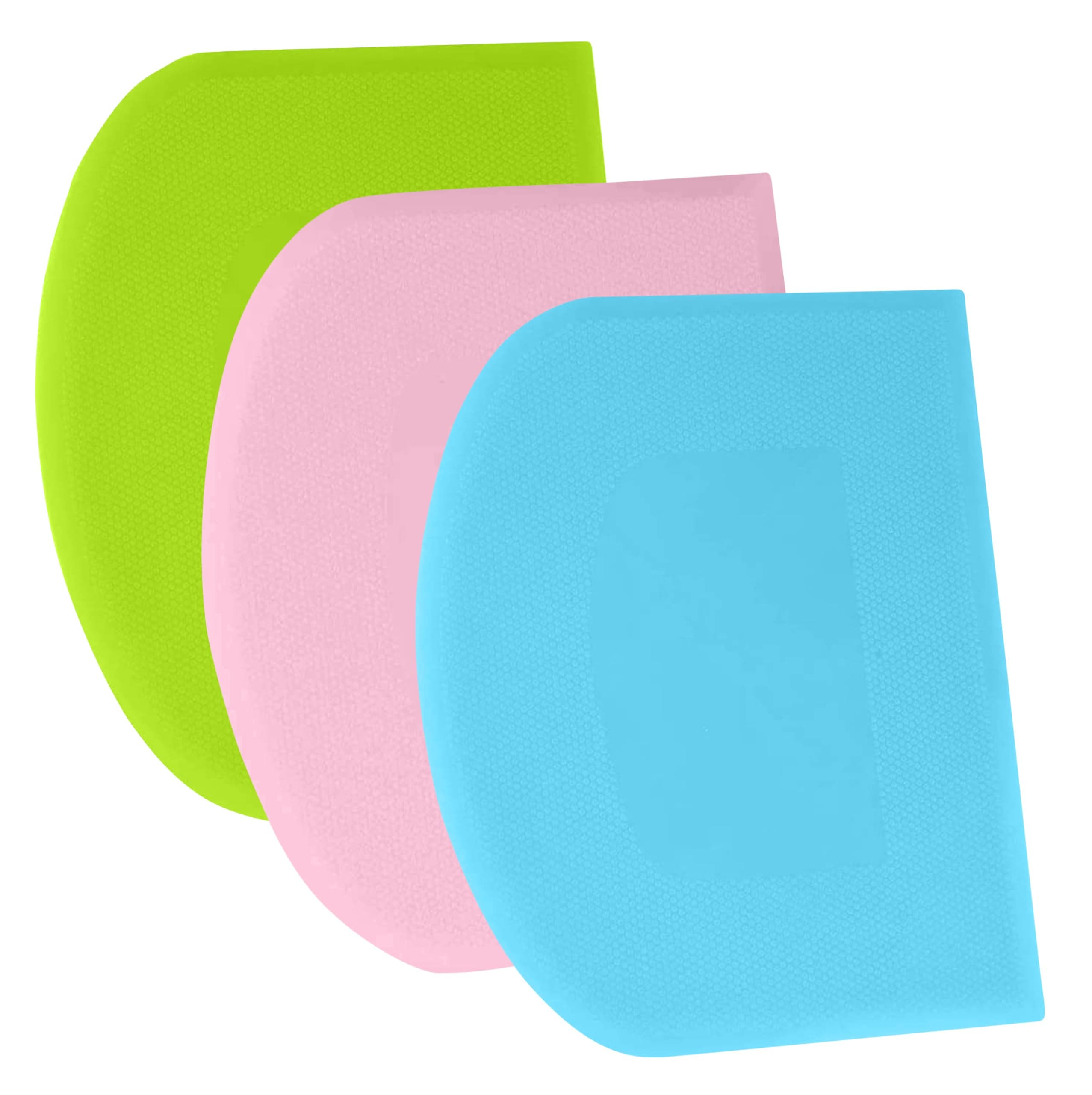 SURDOCA Dough Scraper Bench Scraper - 3P 4.7x3.7 Plastic Flexible Bowl Scraper, Sharp Edge & Angles Cake Scraper. Non-Slip Bakeware Decorating Tools Sculpting & Modeling Tools - Pink+Blue+Green