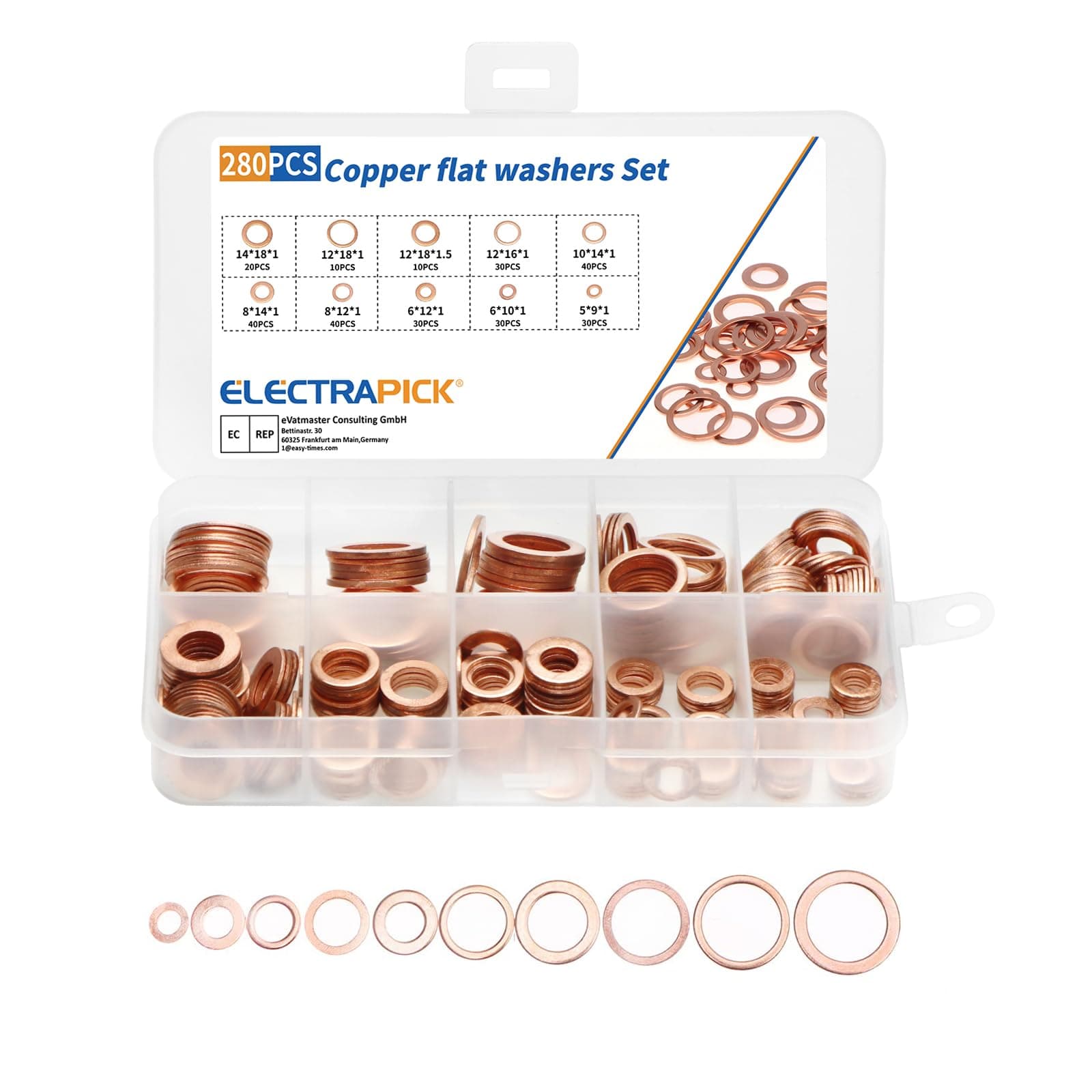 ELECTRAPICK 10 Sizes 280pcs-O Ring Washers Set, Flat Ring Seal Copper Gasket Kit Hardware with Plastic Box, M5-M12 Metal Washers Round Spacers Assortment for Home