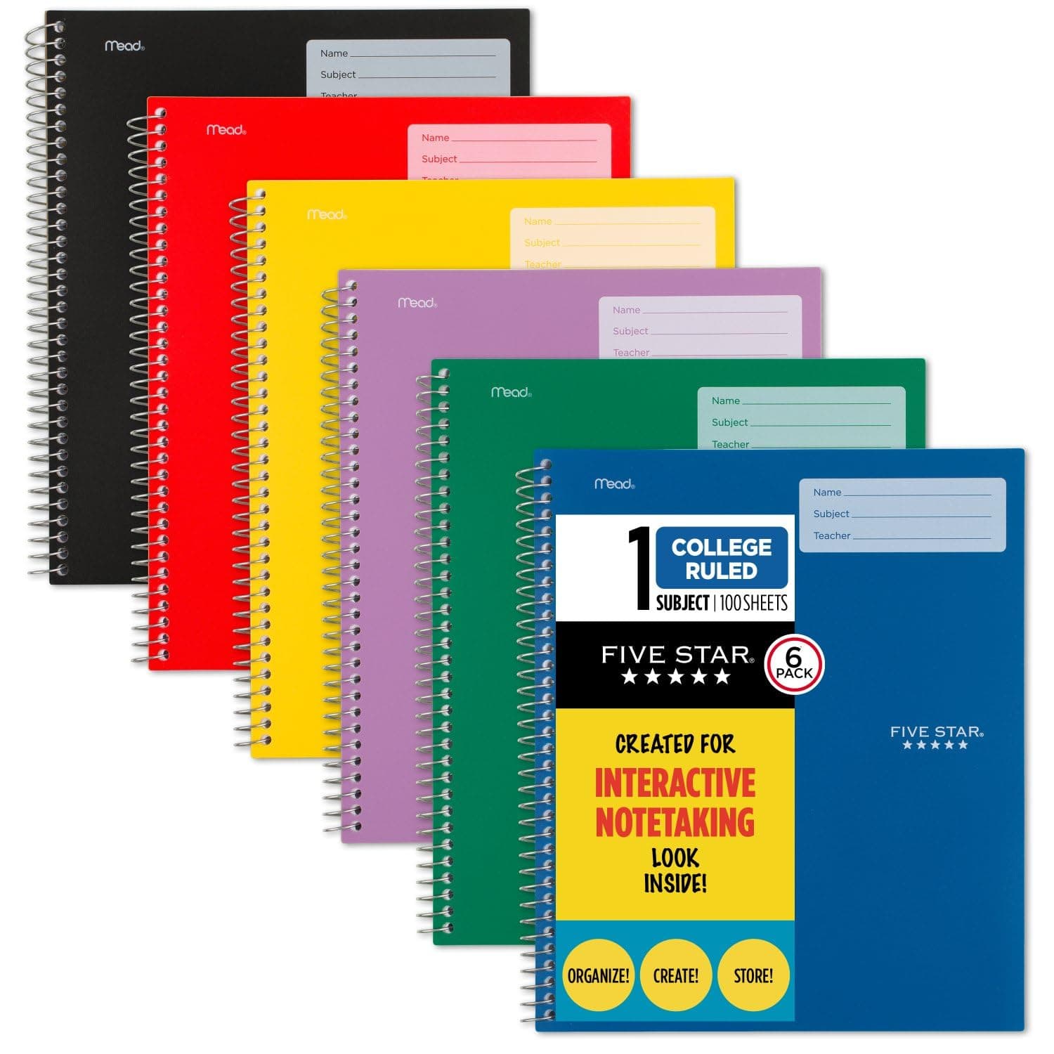 Interactive Notetaking Spiral Notebooks, 6 Pack, 1 Subject, College Ruled Paper, 11" x 8-1/2", 100 Sheets, Assorted Colors (820019-ECM)