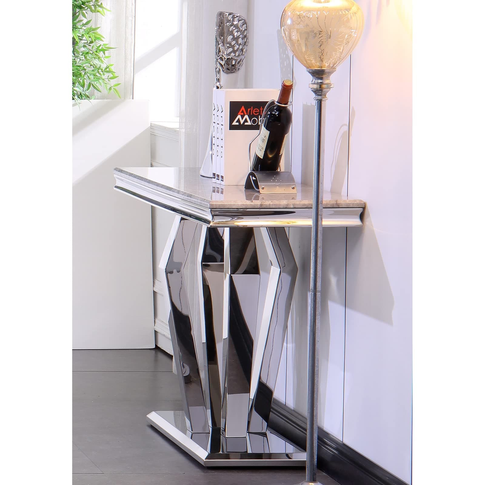 Asday Silver Console Table, Mirrored Sofa Table with Geometric Steel Base, Modern Silver Narrow Rectangular Console Table for Entryway, Living Room, Office, Coffee Bar, Front Hall