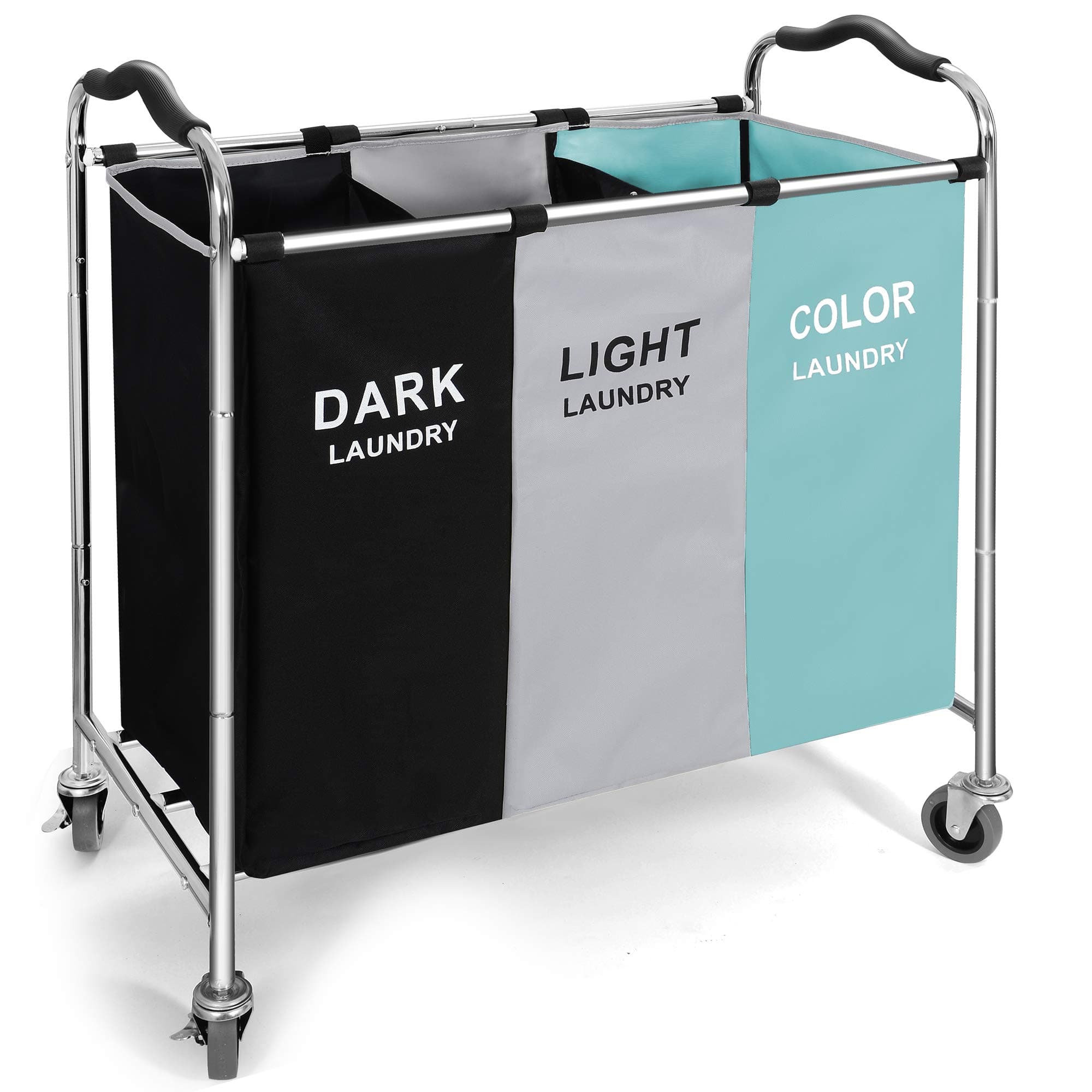 Laundry Basket, Large Laundry Hamper with Wheels, 3 Section Laundry Bag Organizer for Dirty Clothes; Dorm Room Essentials, Towel & Toys Storage Laundry Cart in Laundry Room Organization (Green)