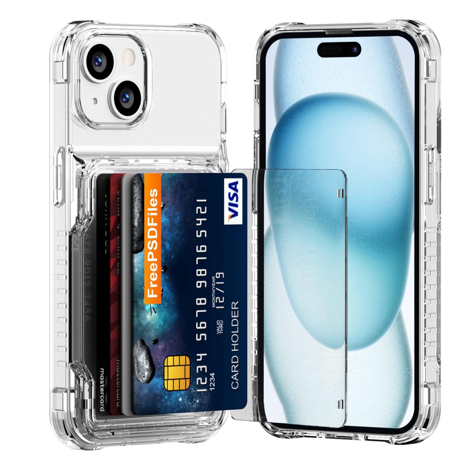 AFGHOA for iPhone 15 Plus Case 14 Plus Wallet Clear Flip Cover Kickstand 4 Card Back Pocket Credit Card Holder Slot Rugged TPU Bumper Hard Protective Armor Hybrid Shell for iPhone 15+ 14+ 2 Lens/6.7"
