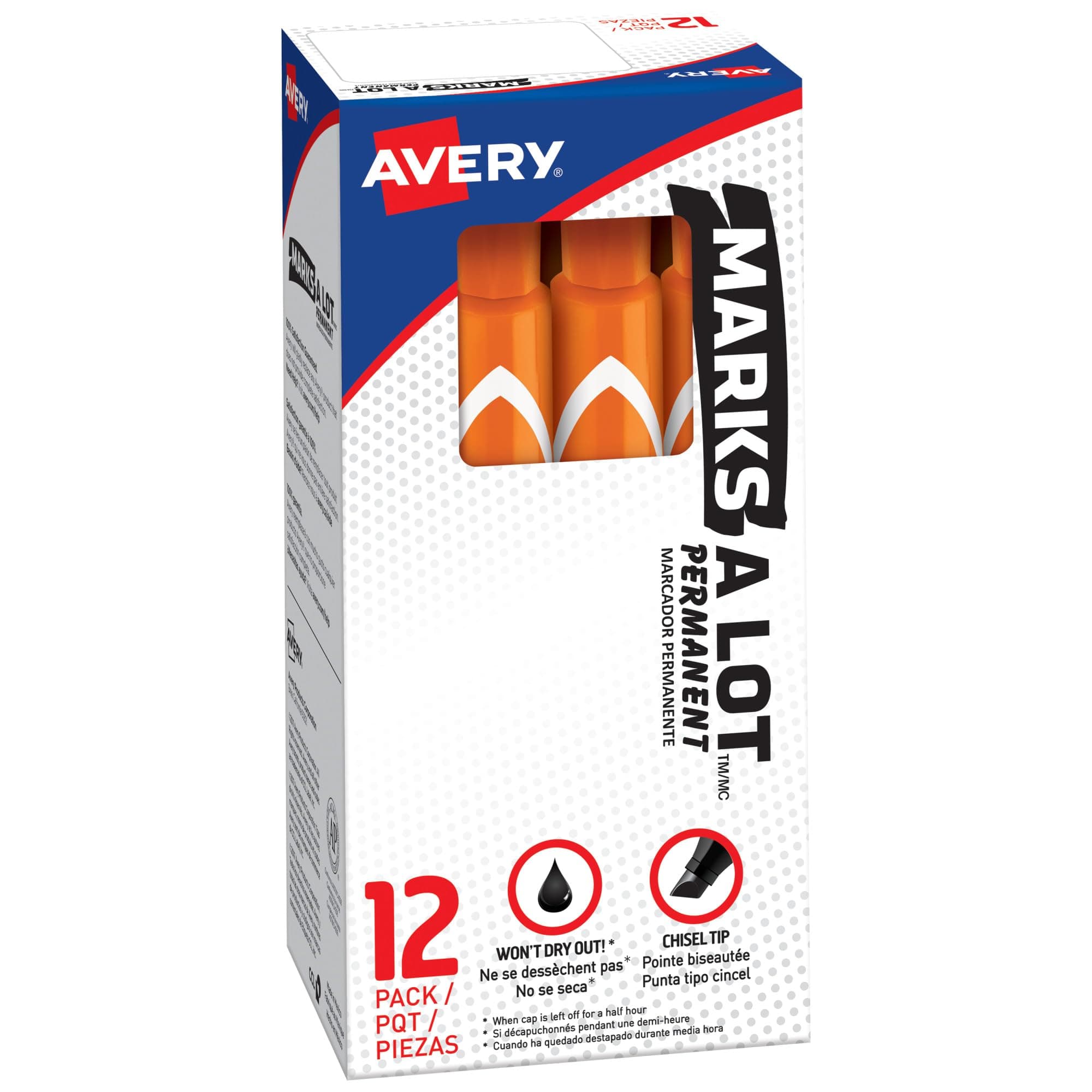 Avery Marks A Lot Permanent Markers, Large Desk-Style Size, Chisel Tip, Water and Wear Resistant, 12 Orange Markers (08883)