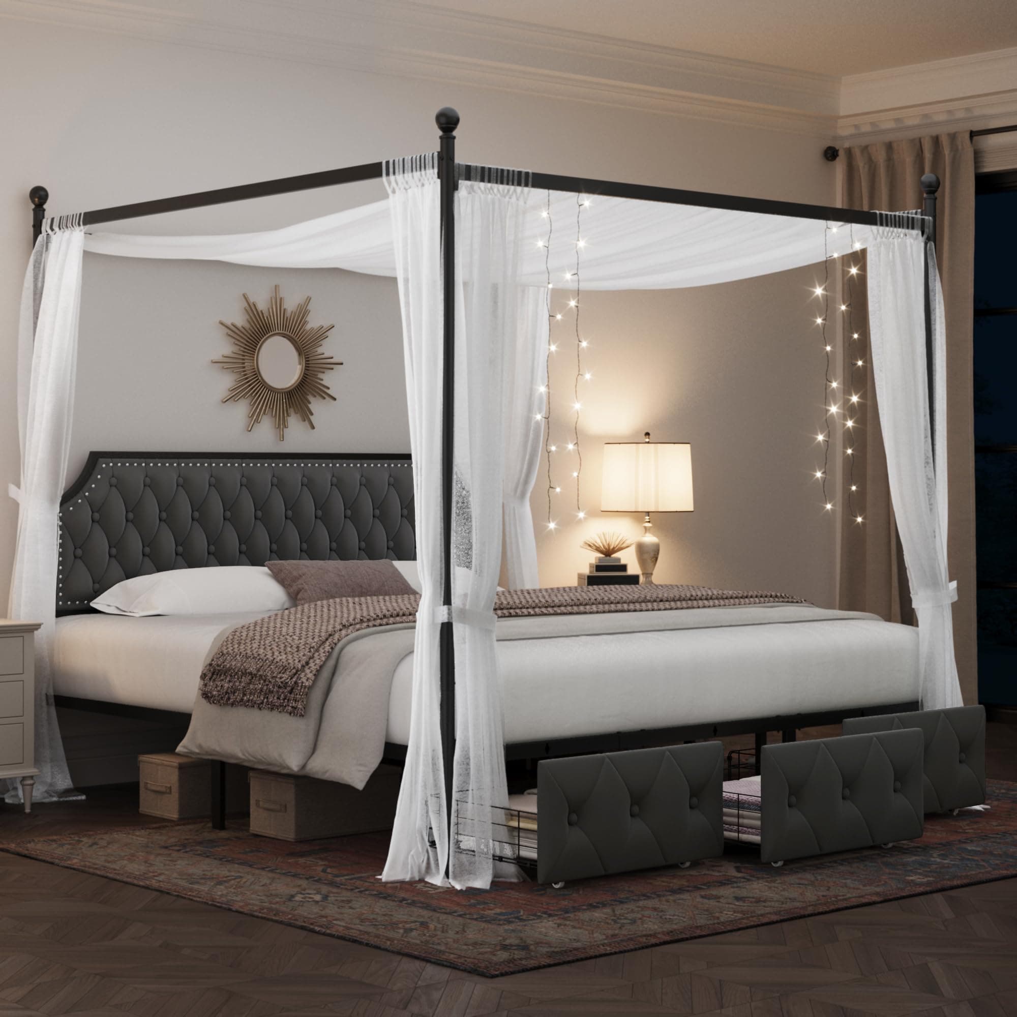 Keyluv King Upholstered Canopy Bed Frame with 3 Drawers and Button Tufted Headboard Metal Platform Bed with 4 Removable Posts Two-Purpose Velvet Bed No Box Spring Needed Dark Grey/Curtain Not Included