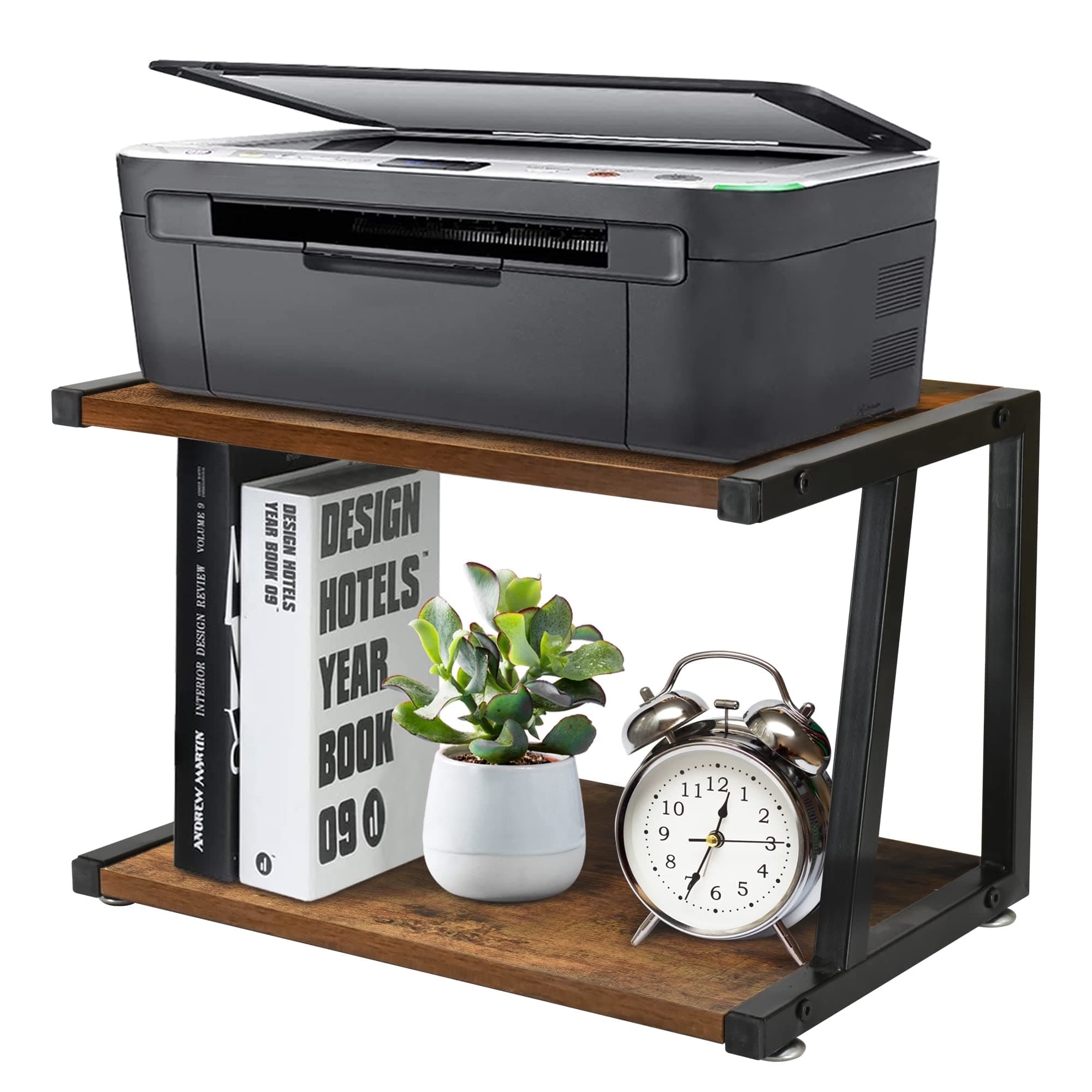 Rustic Wood Printer Stand and Desktop Organizer, Desktop Printer Storage with Shelf, 2-Tier Wood Home and Office Printer Rack, Desktop Printer Stand with Metal Frame