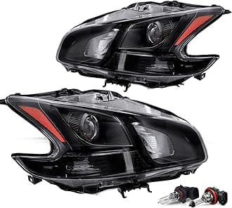 JSBOYAT Headlight Assembly Replacement for 2009-2014 Maxima 4-Door Sedan Halogen Projector Headlamp Driver and Passenger Side Black Housing with Amber Reflector (Bulbs Included)