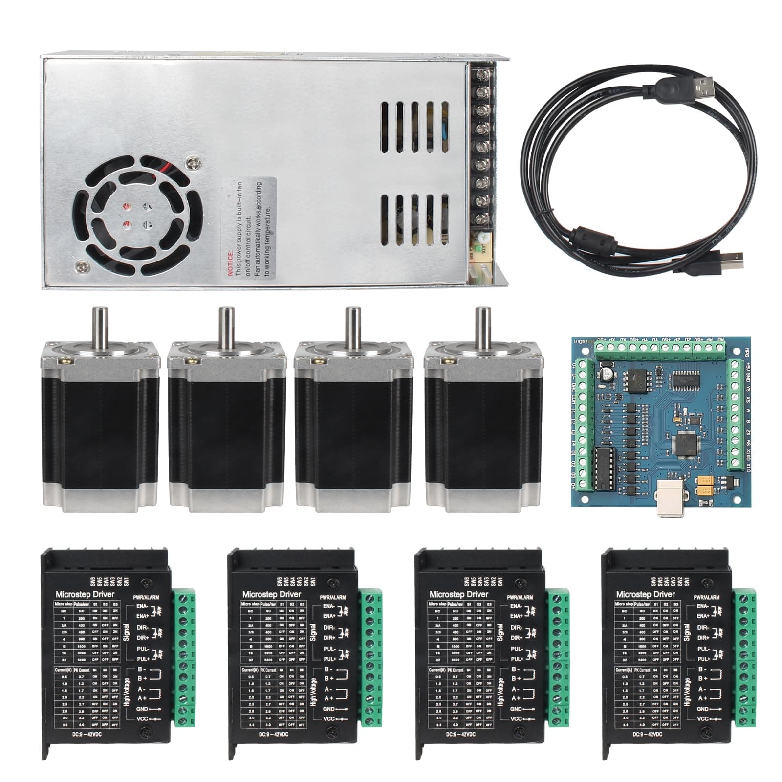 CNC Controller Kit, 4 Axis CNC Kit with Nema23 Stepper Motor 57*76mm 270Oz-in 3A 1.8Nm, TB6600 Driver 4A, USB Mach3 CNC Motion Control Card Breakout Board, 24V Power Supply for CNC Machine