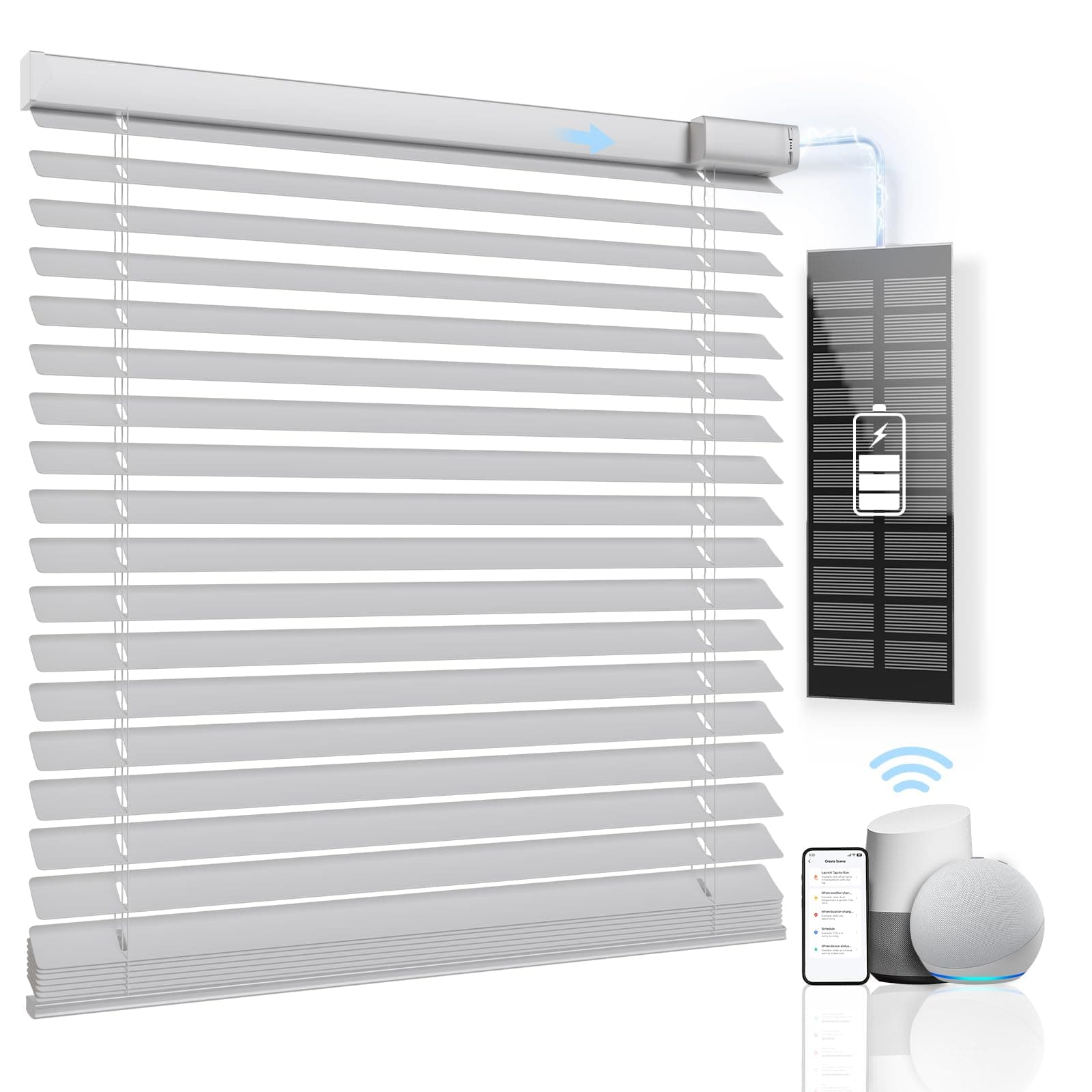 Motorized Smart Blinds with Remote Control - Solar Powered, Cordless, Automatic Electric Blinds - Light Filtering, Compatible with Google Alexa - White, 25" W x 64" H
