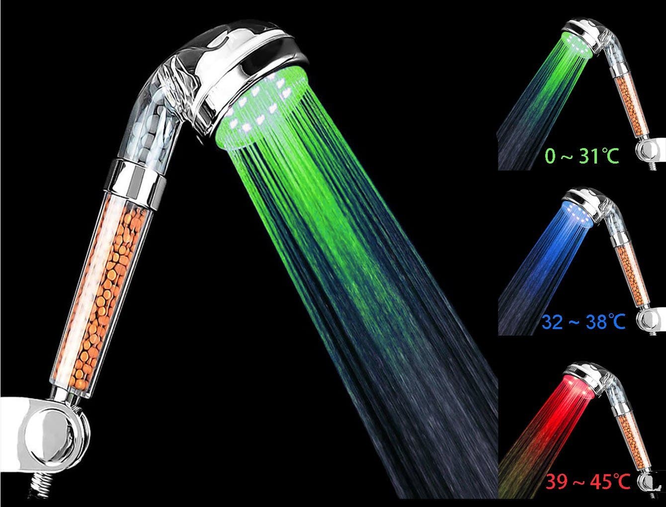 LED shower head, ingoo 7 colours changing light hand-held high pressure spa shower head negative Ion-shower head and chlorine filter saves water., ABS plastic, 3 Farbe
