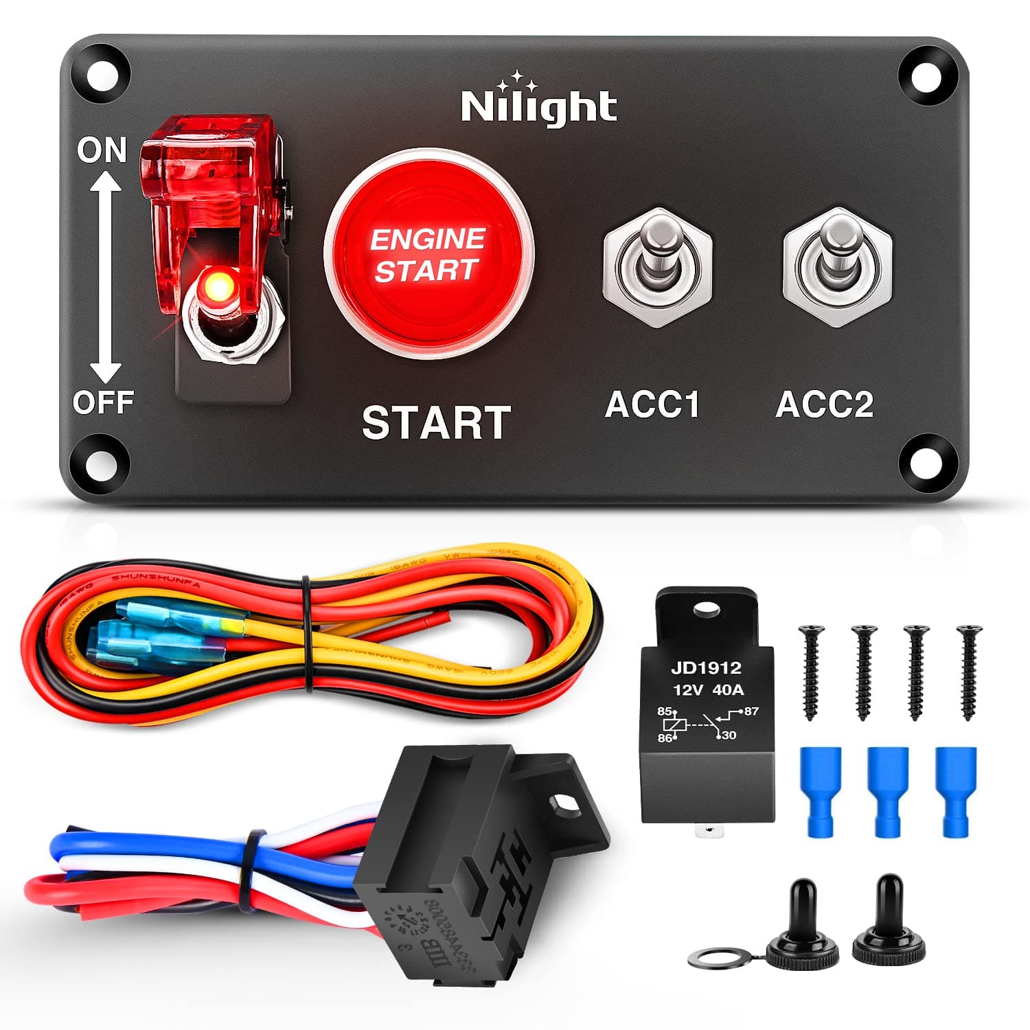 Nilight Ignition Switch Panel 12V 4 in 1 Rocker Switch with Engine Push Button Toggle Switches with Relay Wiring Harness LED for RV Truck Racing Car Boat Marine Trailer, 2 Years Warranty