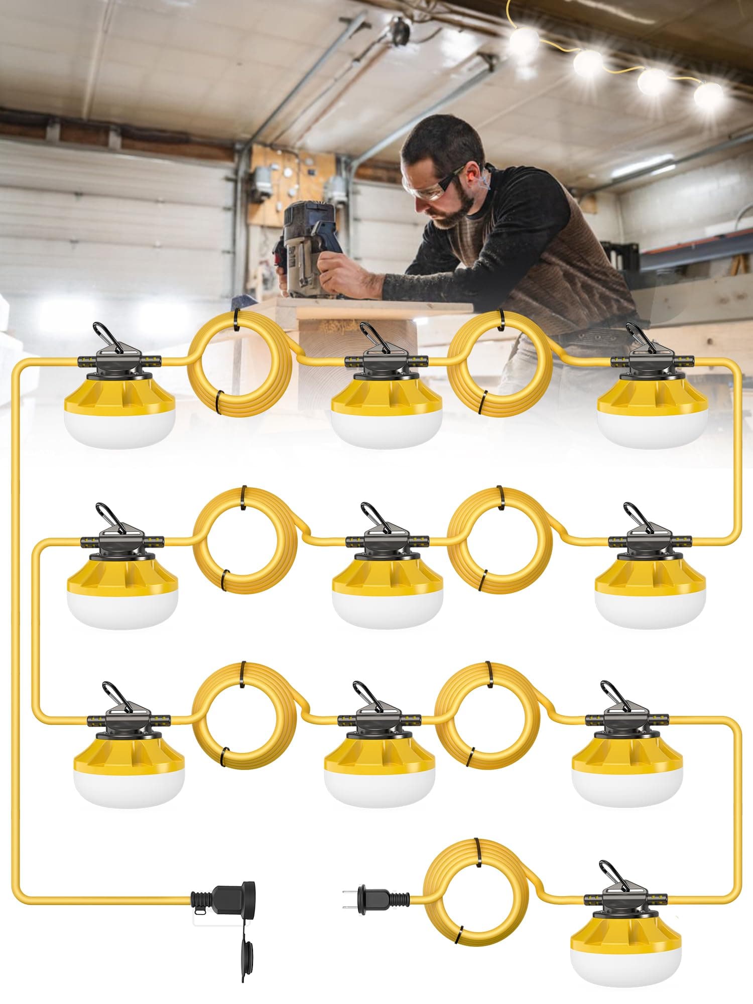 Construction String Lights: 100FT 10 Bulbs String Work Lights with Climbing Hooks - IP65 Waterproof Linkable LED Construction String Lights for Job Site Attic Renovation Crawlspace Lighting