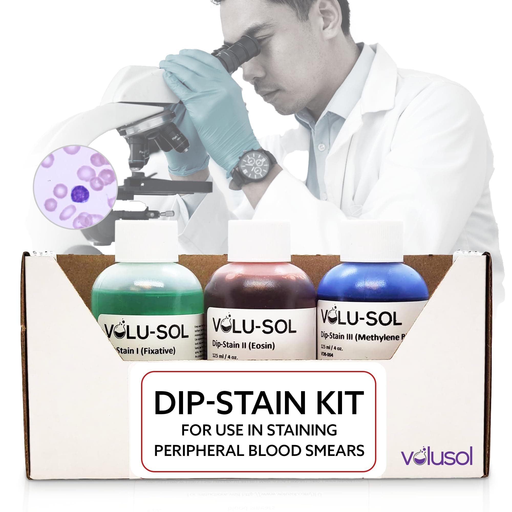Volu-Sol Dip-Stain Kit – 3-Step Quick Dip Staining for Blood Smears & Cytology – Includes Fixative, Eosin, & Methylene Blue – 125 mL / 4 oz Each