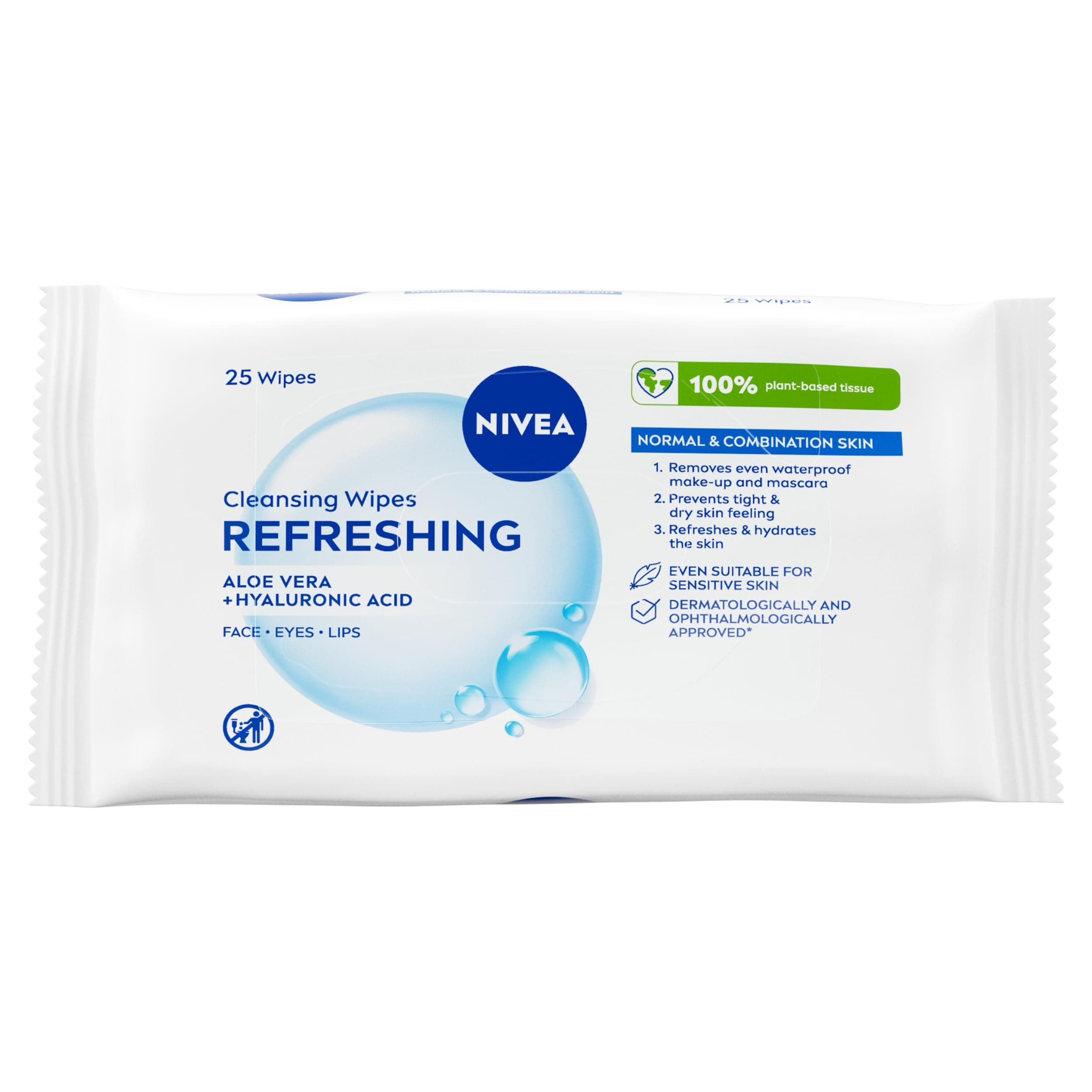 Refreshing 3-in-1 Cleansing Face Wipes for Normal Skin (25 sheets), Plant-Based Makeup Wipes, Gentle Yet Effective Face Cleanser with Aloe Vera and Hyaluronic Acid
