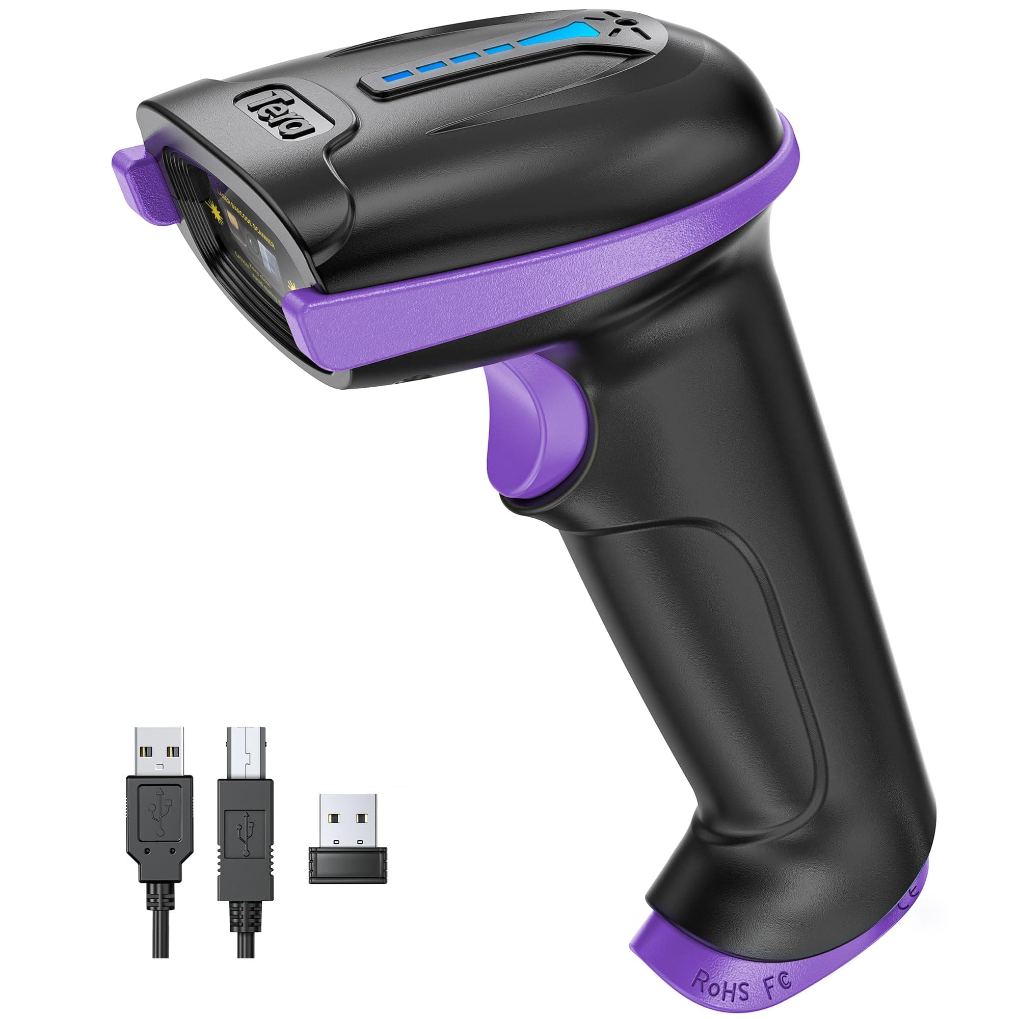 Barcode Scanner Wireless Versatile 2-in-1 (2.4Ghz Wireless+USB 2.0 Wired) with Battery Level Indicator, 328 Feet Transmission Distance Rechargeable 1D Laser Bar Code Reader Handheld 5100 Purple