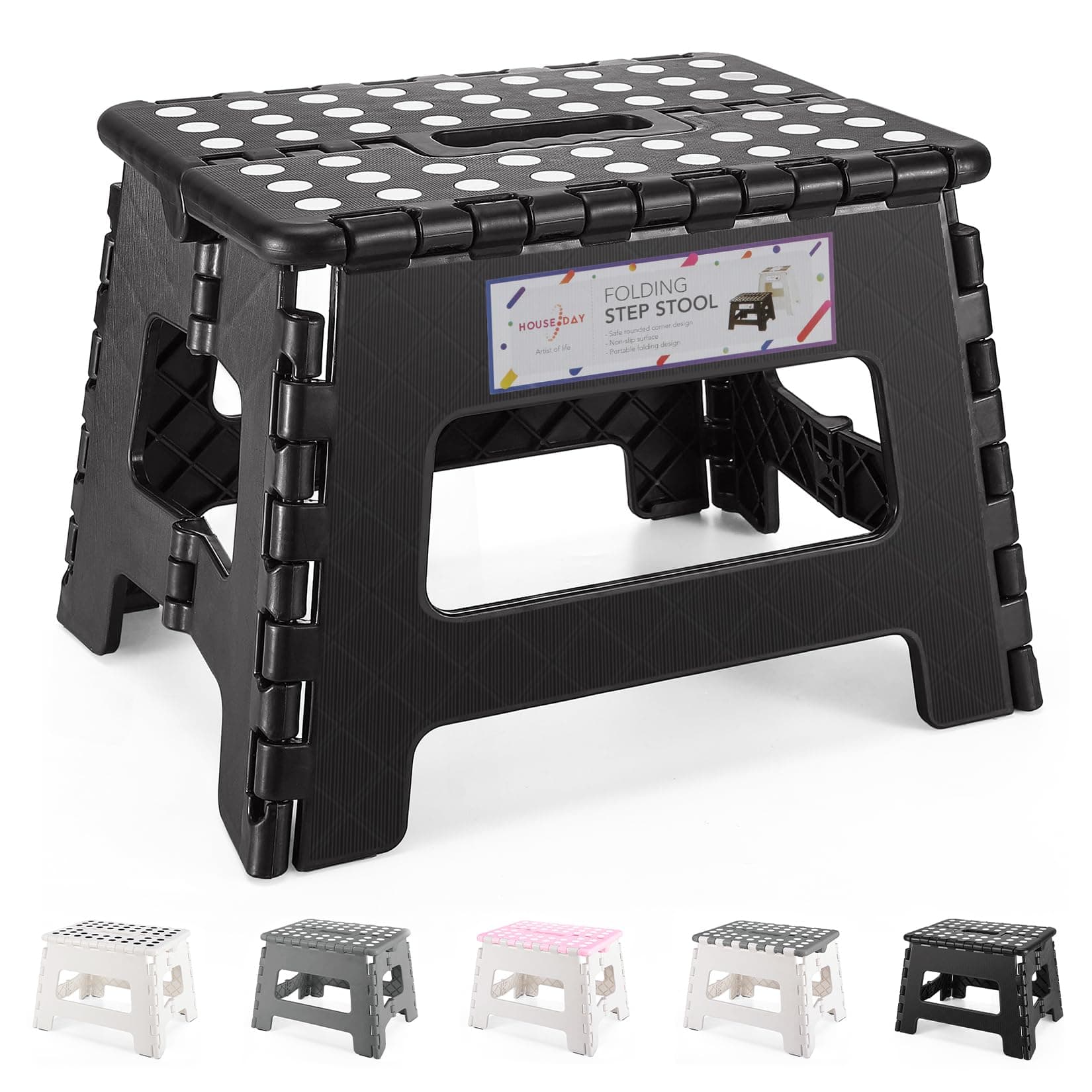 Folding Step Stool 9 Inch, Sturdy Foldable Stool with Carry Handle, Collapsible Step with Non-Slip Surface for Kids and Adults, Compact Design for Kitchen, Bathroom, Camping-Black