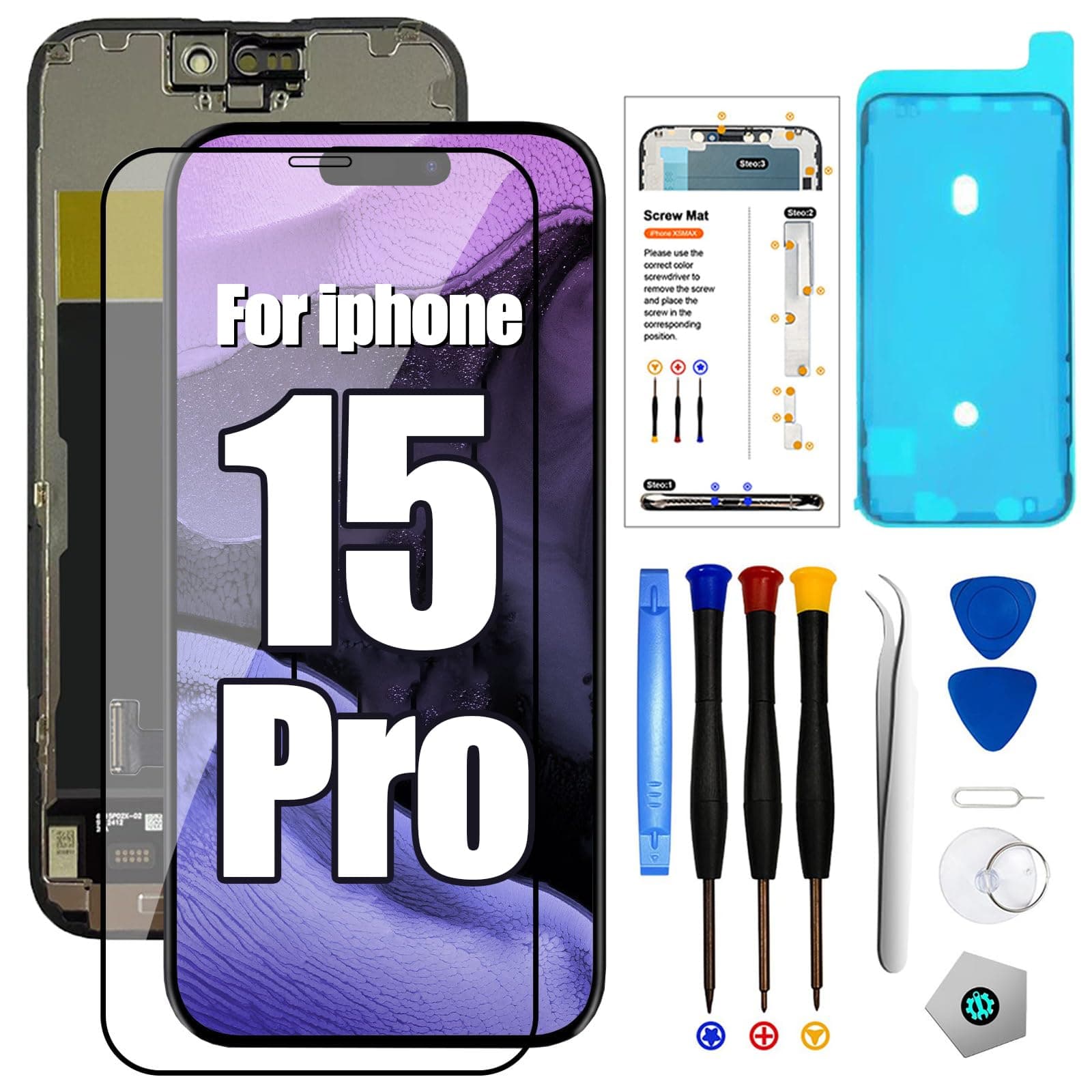 for iPhone15 Pro Screen Replacement Kit 6.1Inch Full HD LCD Display Screen 3D Touch Digitizer Frame Assembly for(Model A2848,A3101,A3102,A3104) with Repair Tool+Screen Protector,Waterproof Adhesive