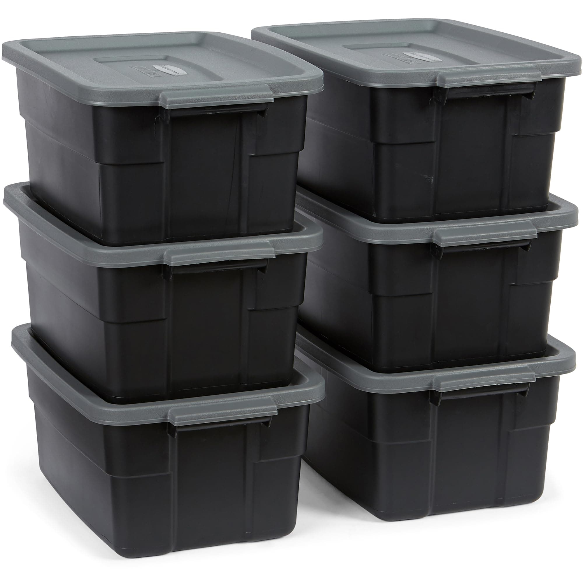 Roughneck 3 Gallon Storage Totes, Pack of 6, Durable Stackable Storage Containers with Lids, Nestable Plastic Storage Bins for Accessories, Office Supplies, Tool Storage, Black and Grey